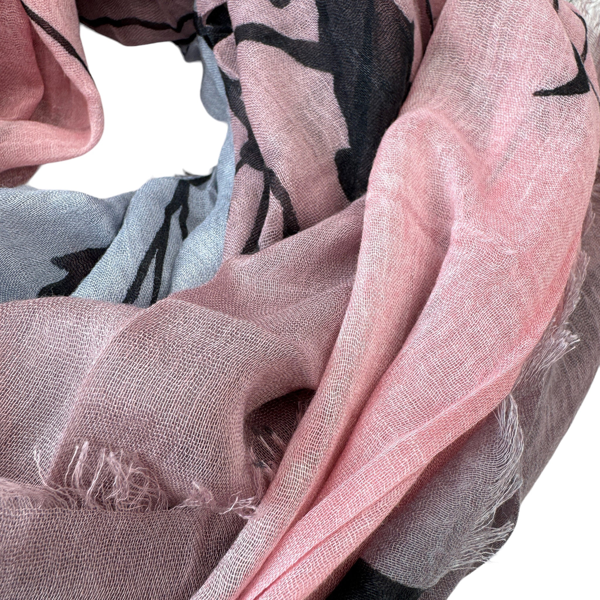 Blue Pacific Tree Print Cashmere and Silk Scarf in Rose Pink and Silver Gray