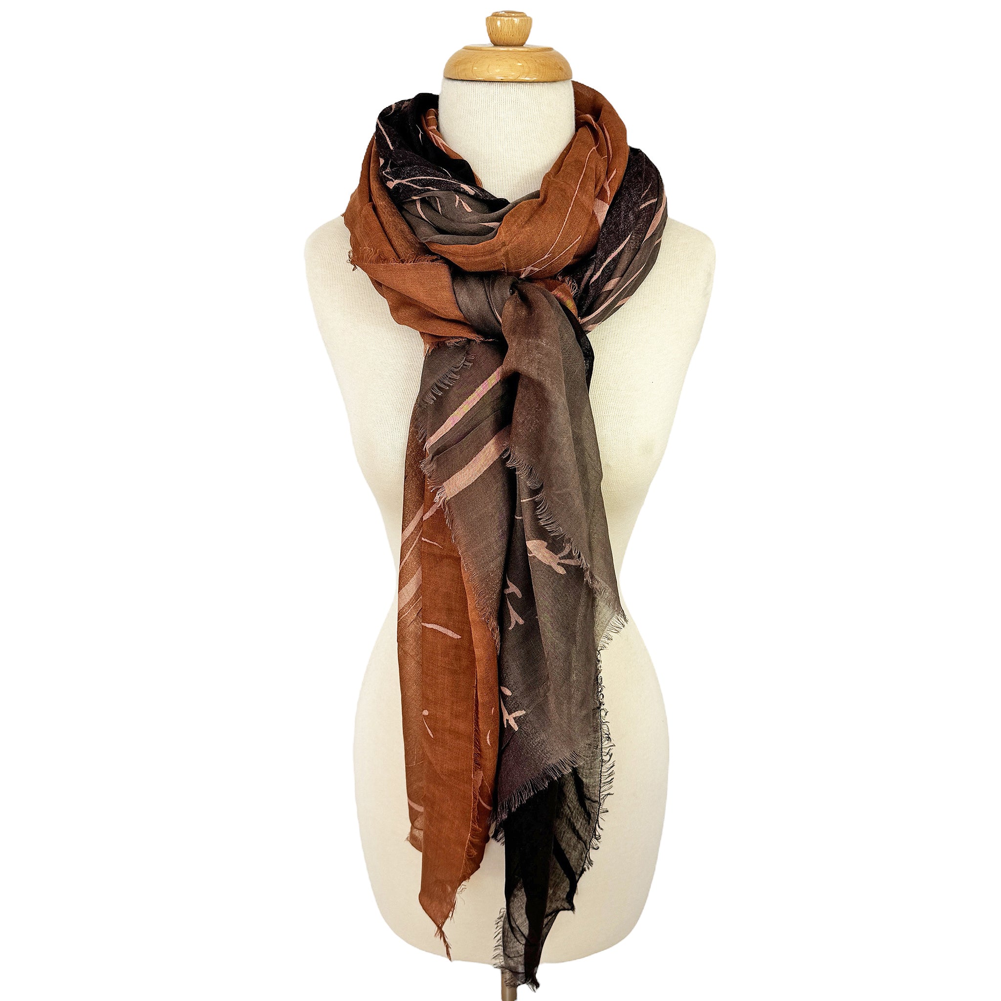 Blue Pacific Tree Print Cashmere and Silk Scarf in Dark Coffee and Black