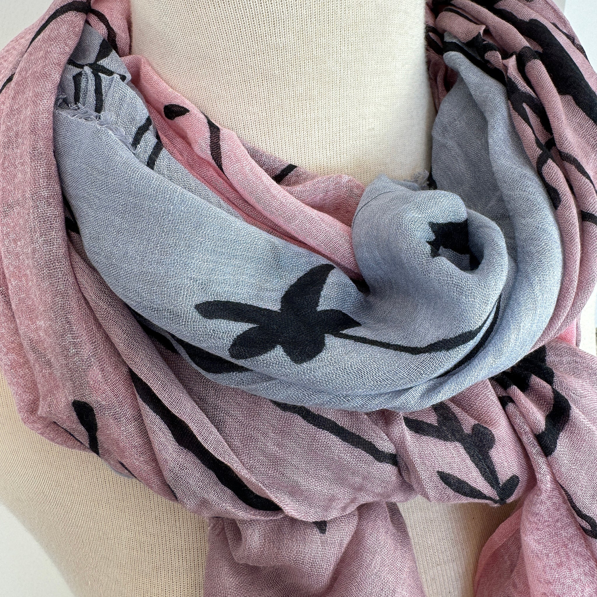 Blue Pacific Tree Print Cashmere and Silk Scarf in Rose Pink and Silver Gray