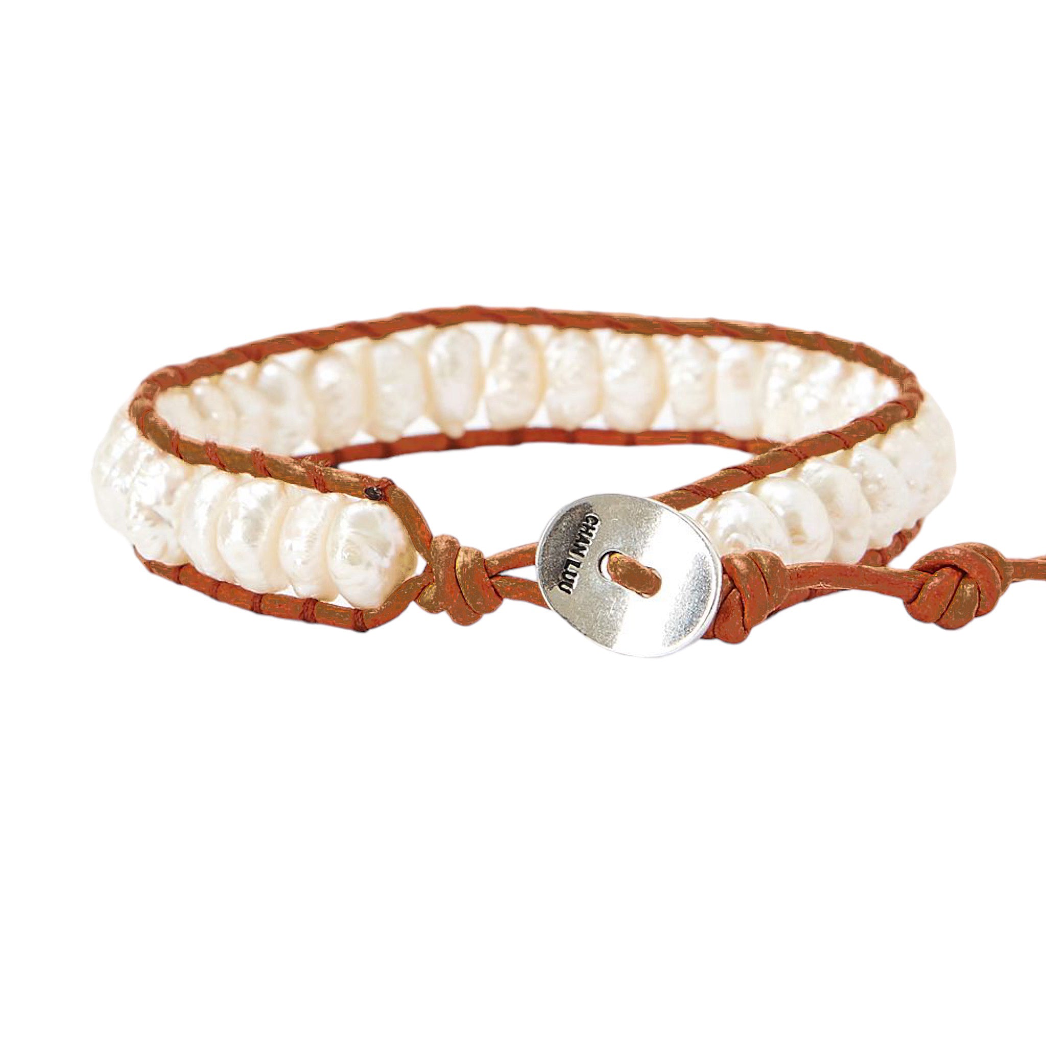 Chan Luu Single Wrap Bracelet with White Pearl and Silver on Brown Leather