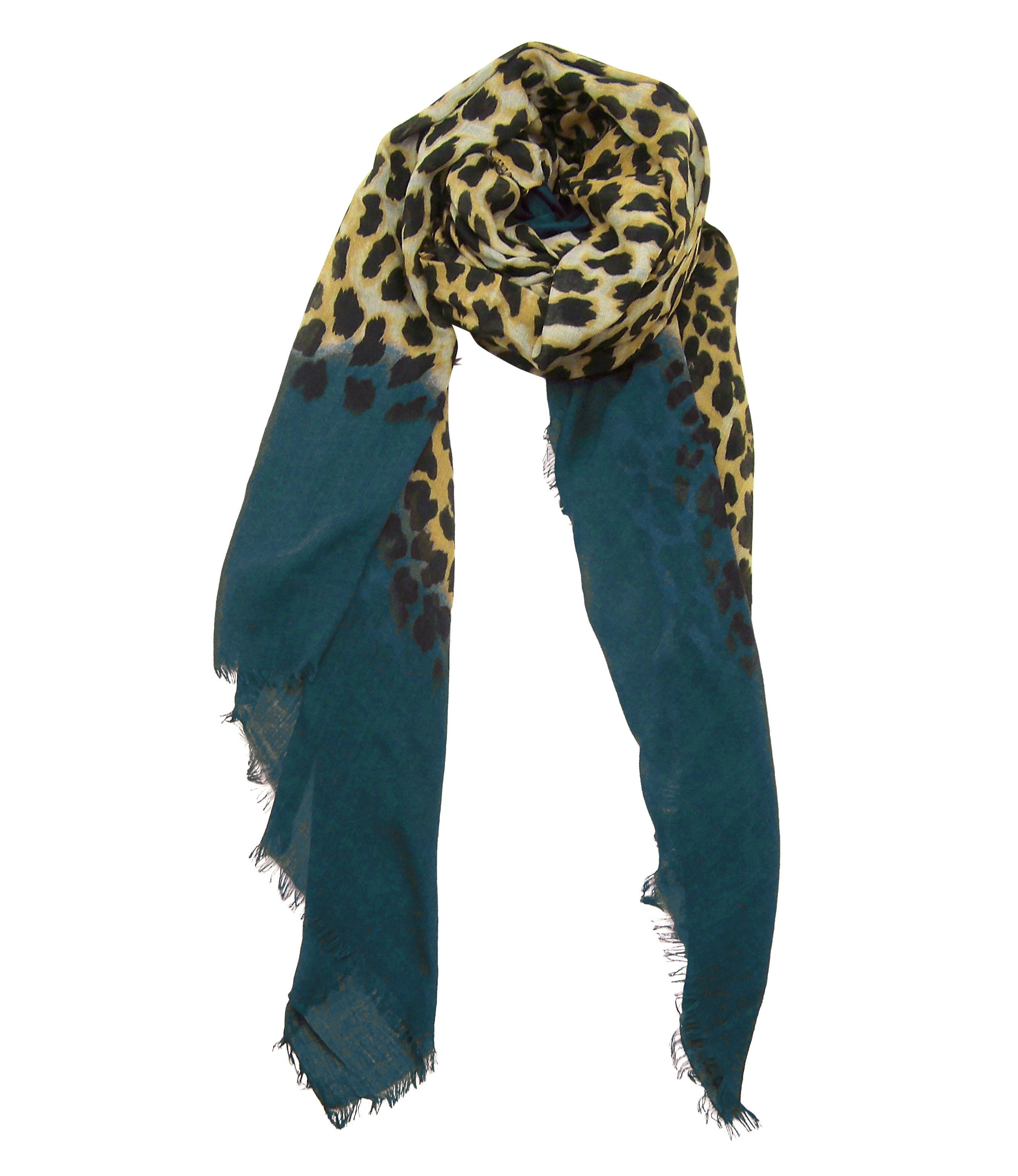 Teal Leopard Print Cashmere and Silk Wrap