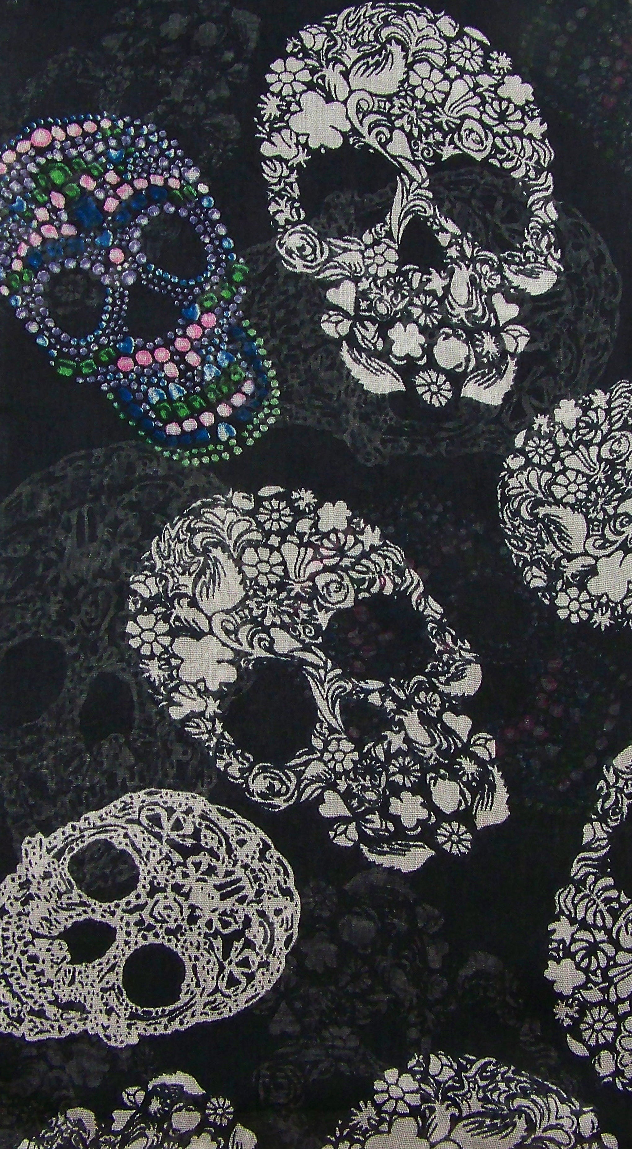 Fabric Detail Swatch Blue Pacific Frida White Sugar Skull Bandana Scarf in Black