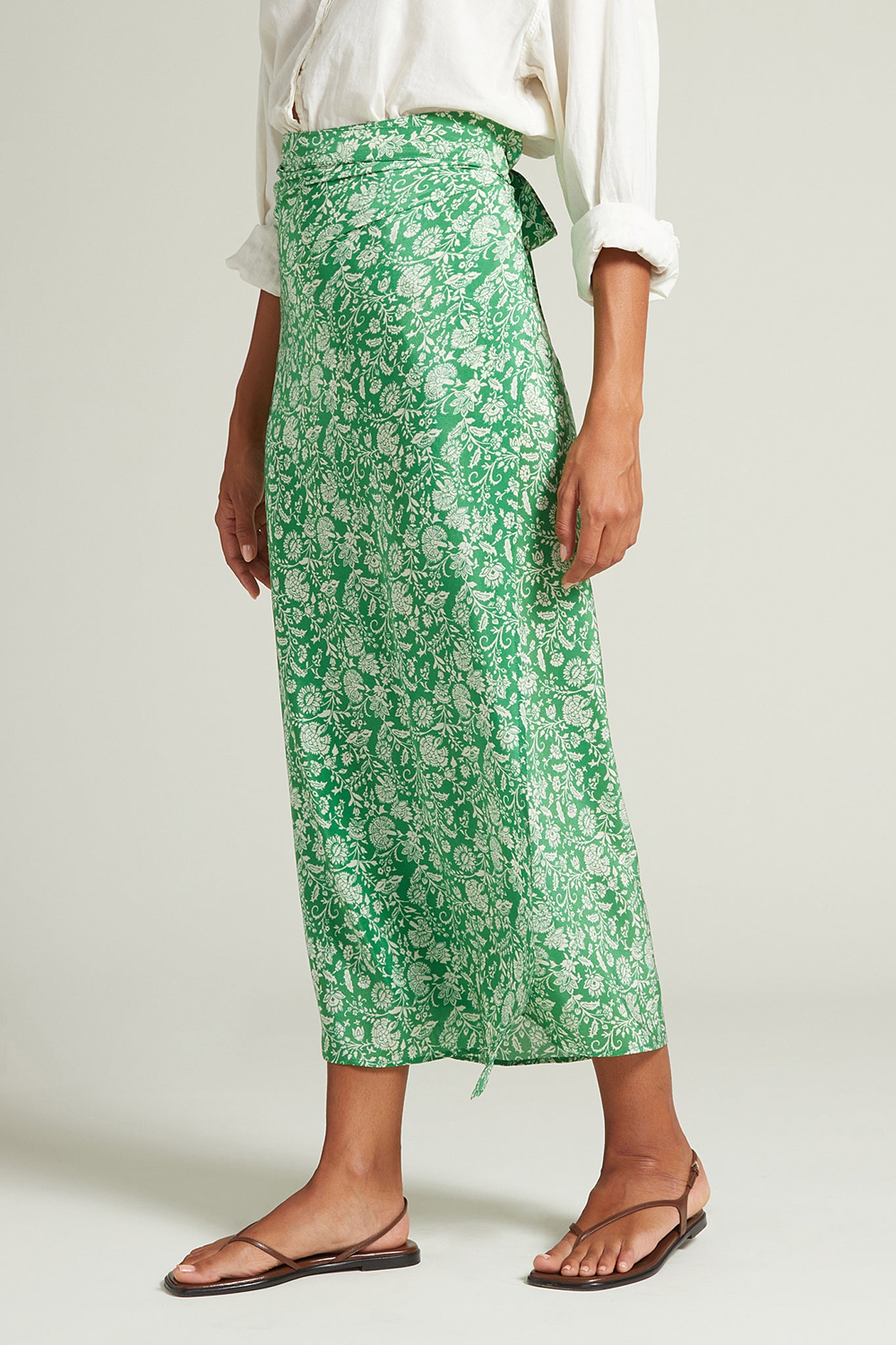 Chan Luu Eloise Floral Silk Wrap Skirt Sarong in Verdant Green