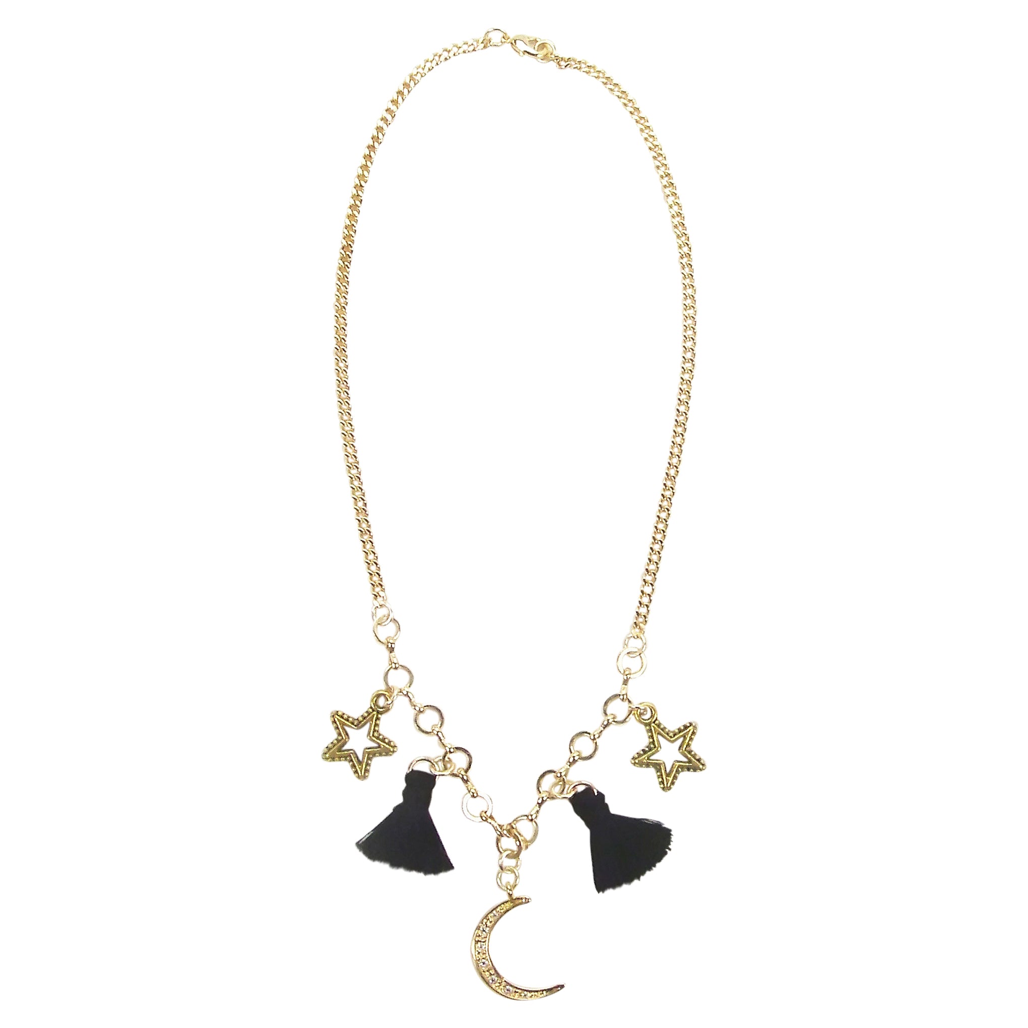 Yunis K Moon Stars and Tassel Necklace in Black and Gold Plated