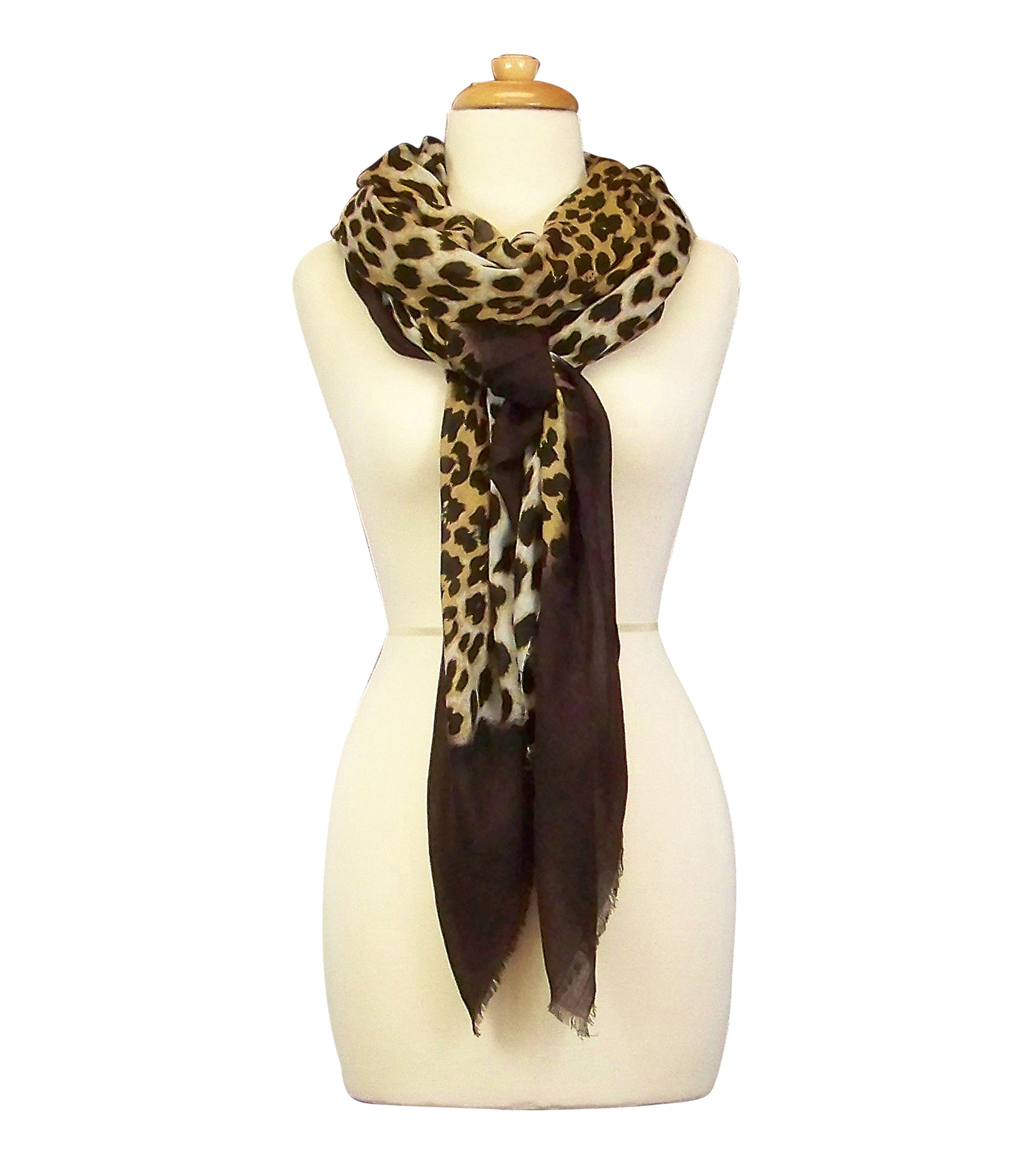 Mannequin Wearing Blue Pacific Animal Print Dip Cashmere and Silk Scarf in Dark Coffee Brown and Tan