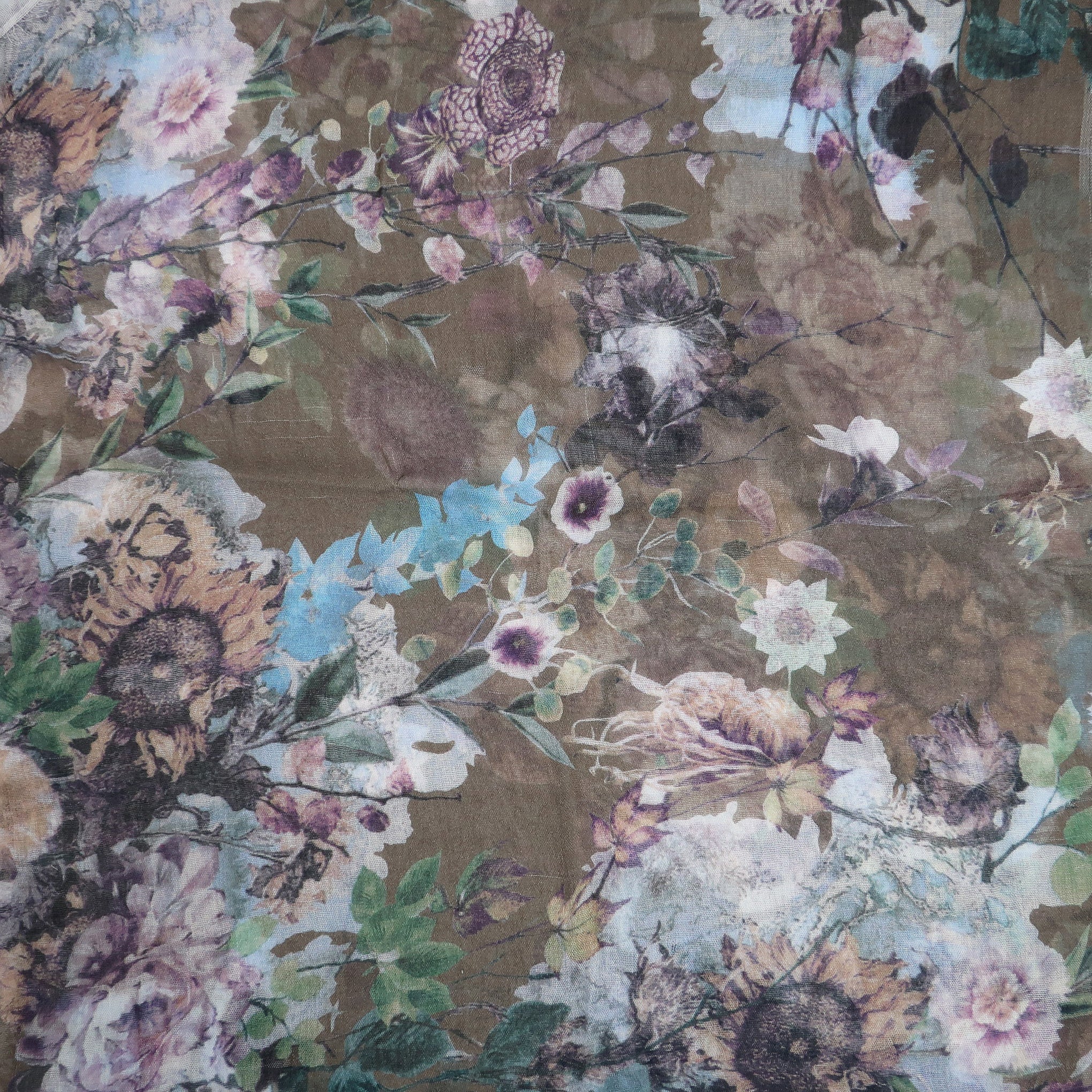 Blue Pacific Floral Micromodal and Silk Neckerchief Scarf in Taupe