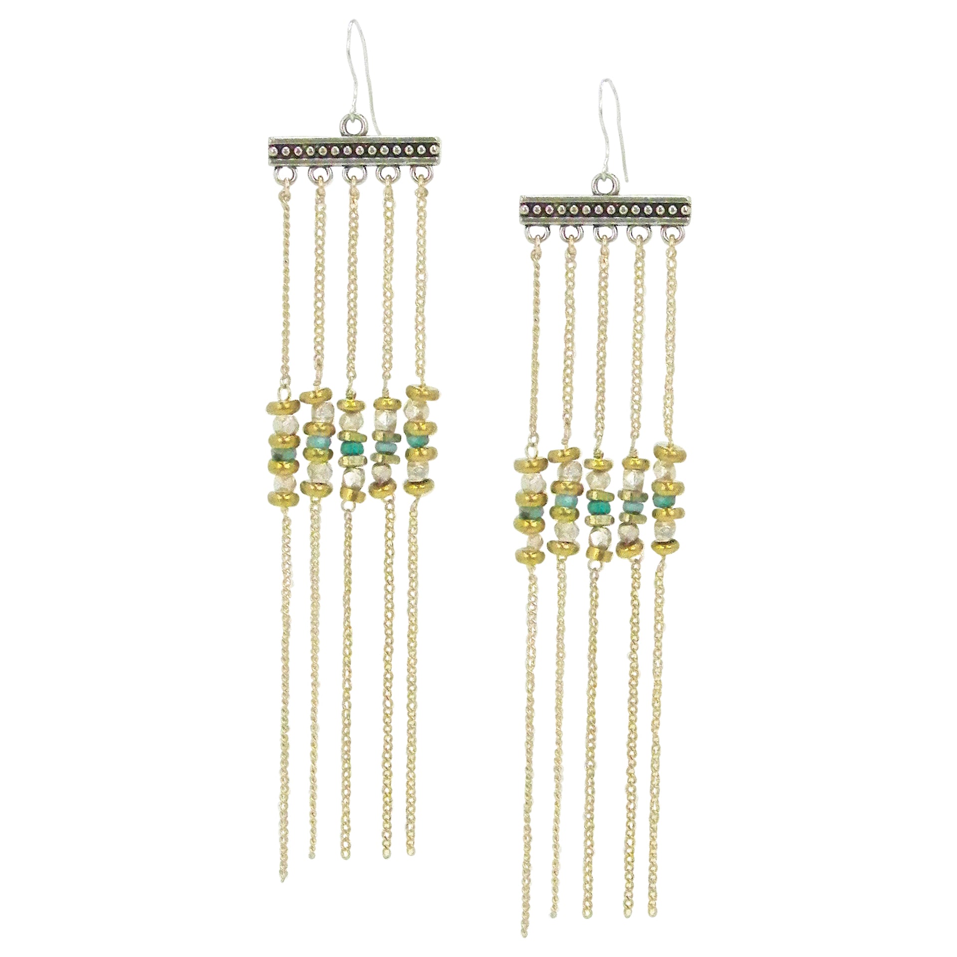 Yunis K Eden Gold and Silver Earrings with Fringe and Turquoise Beads