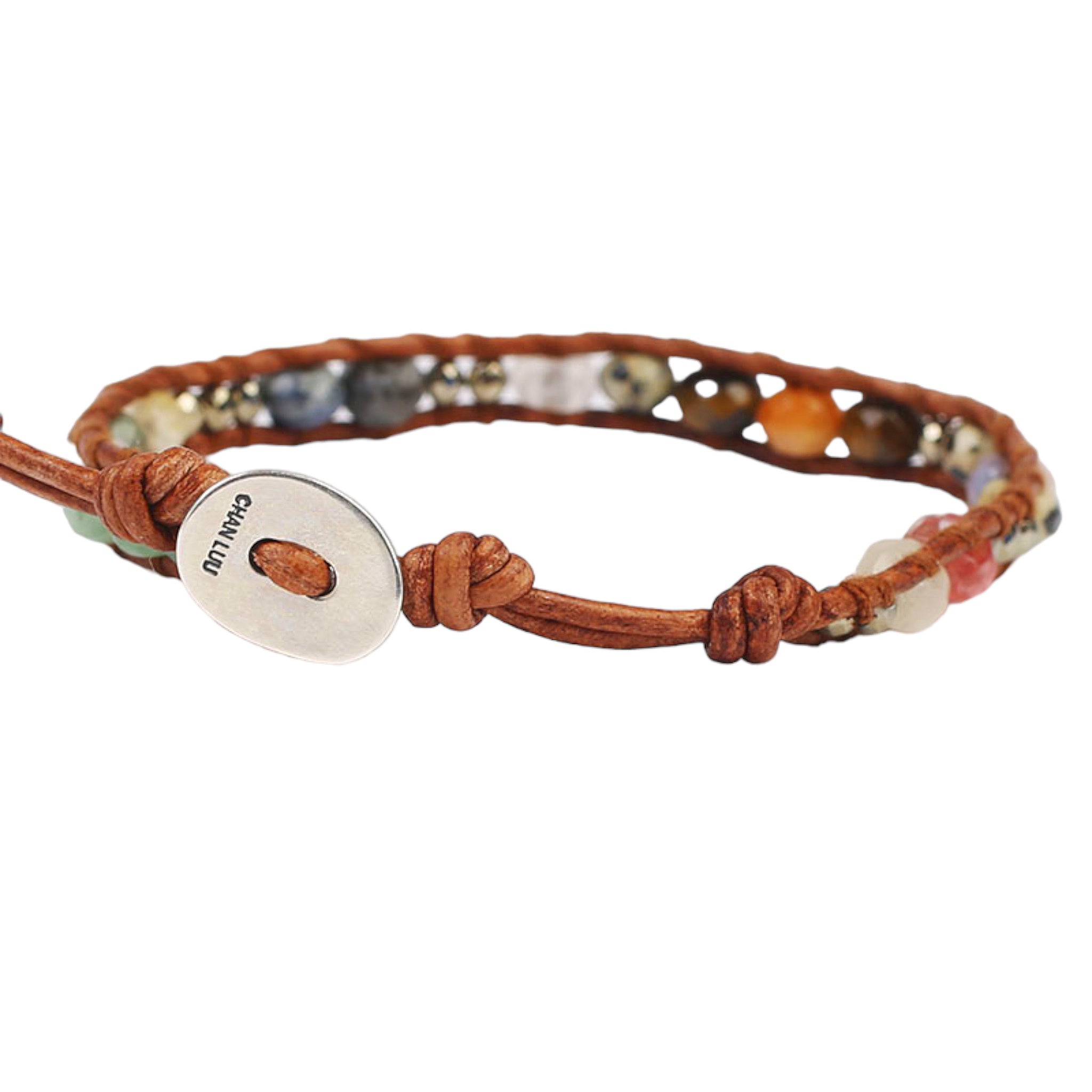 Chan Luu Single Wrap Bracelet with Multi Mix Stones and Silver on Brown Leather