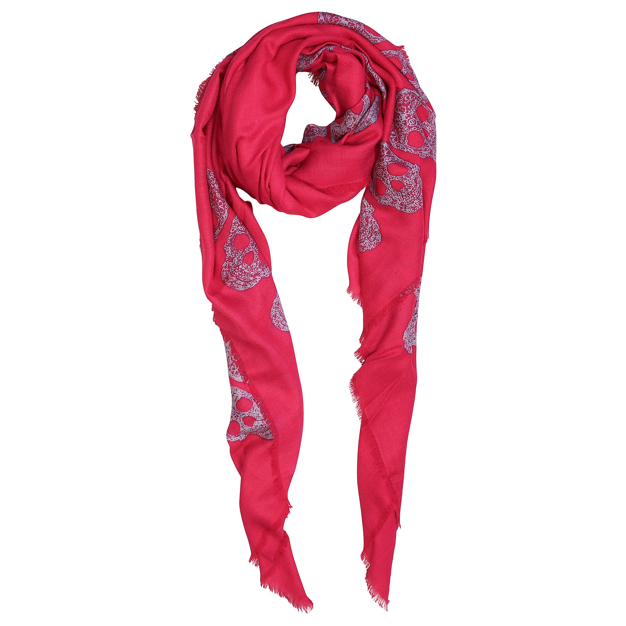 Blue Pacific Frida Skull Bordered Modal and Cashmere Scarf Shawl in Cherry Pink
