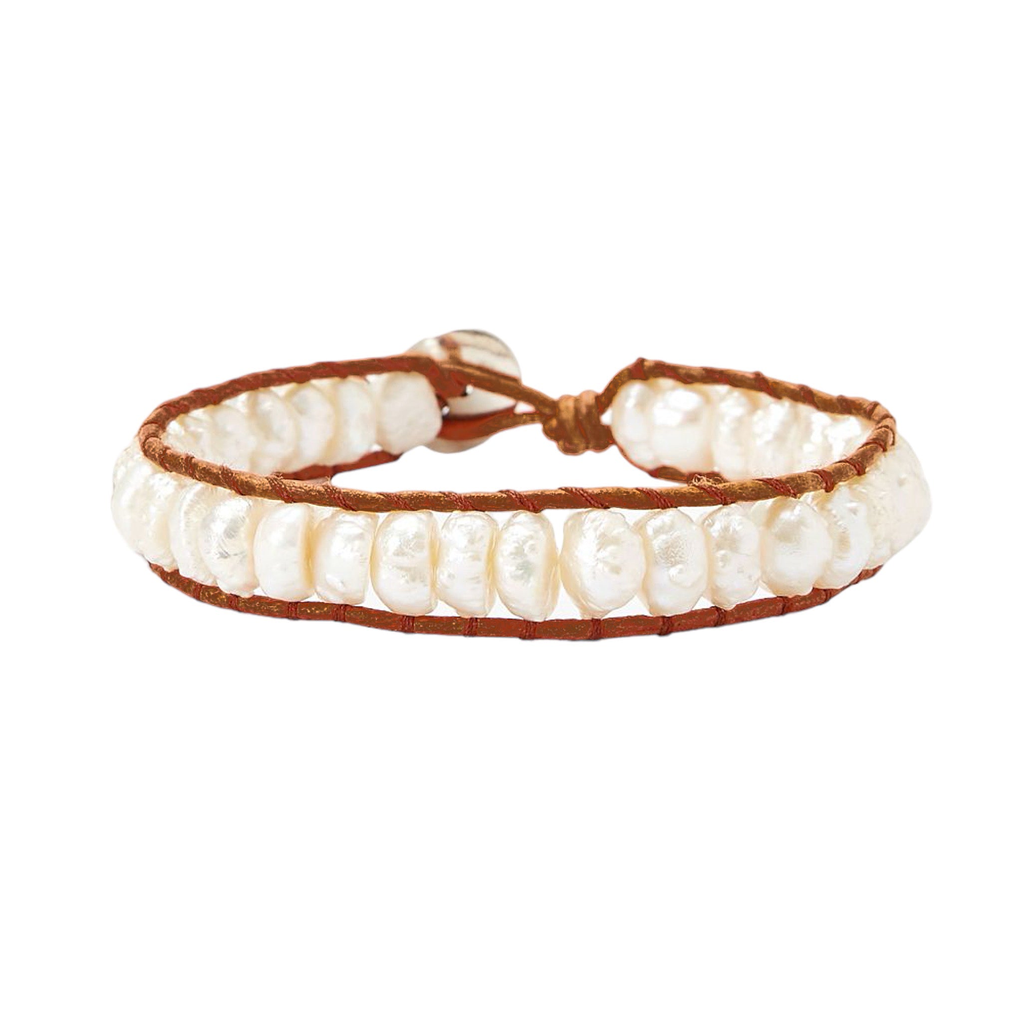 Chan Luu Single Wrap Bracelet with White Pearl and Silver on Brown Leather