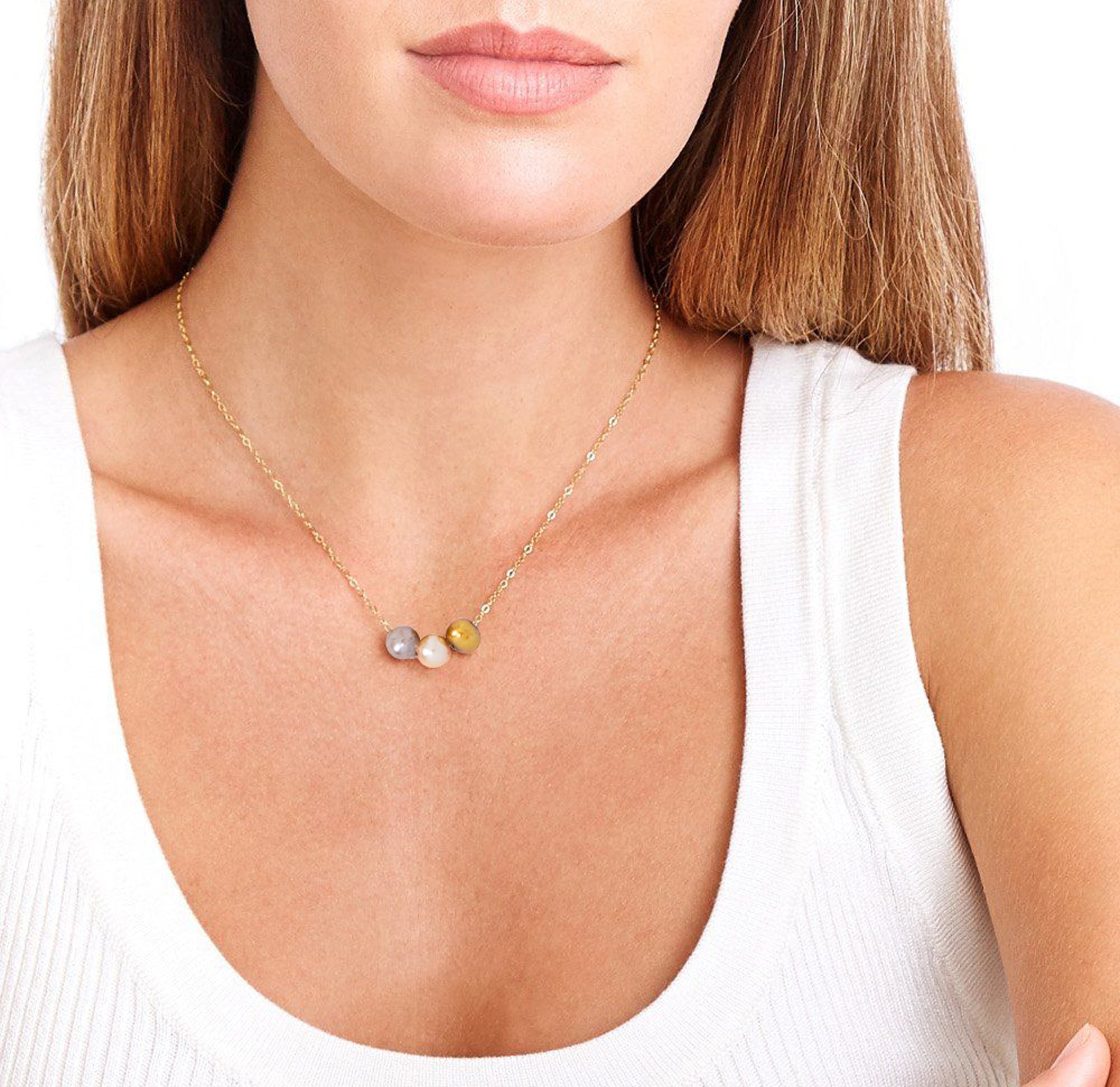 Chan Luu Pearl Trinity Pendant Necklace in Champagne Mix and Gold