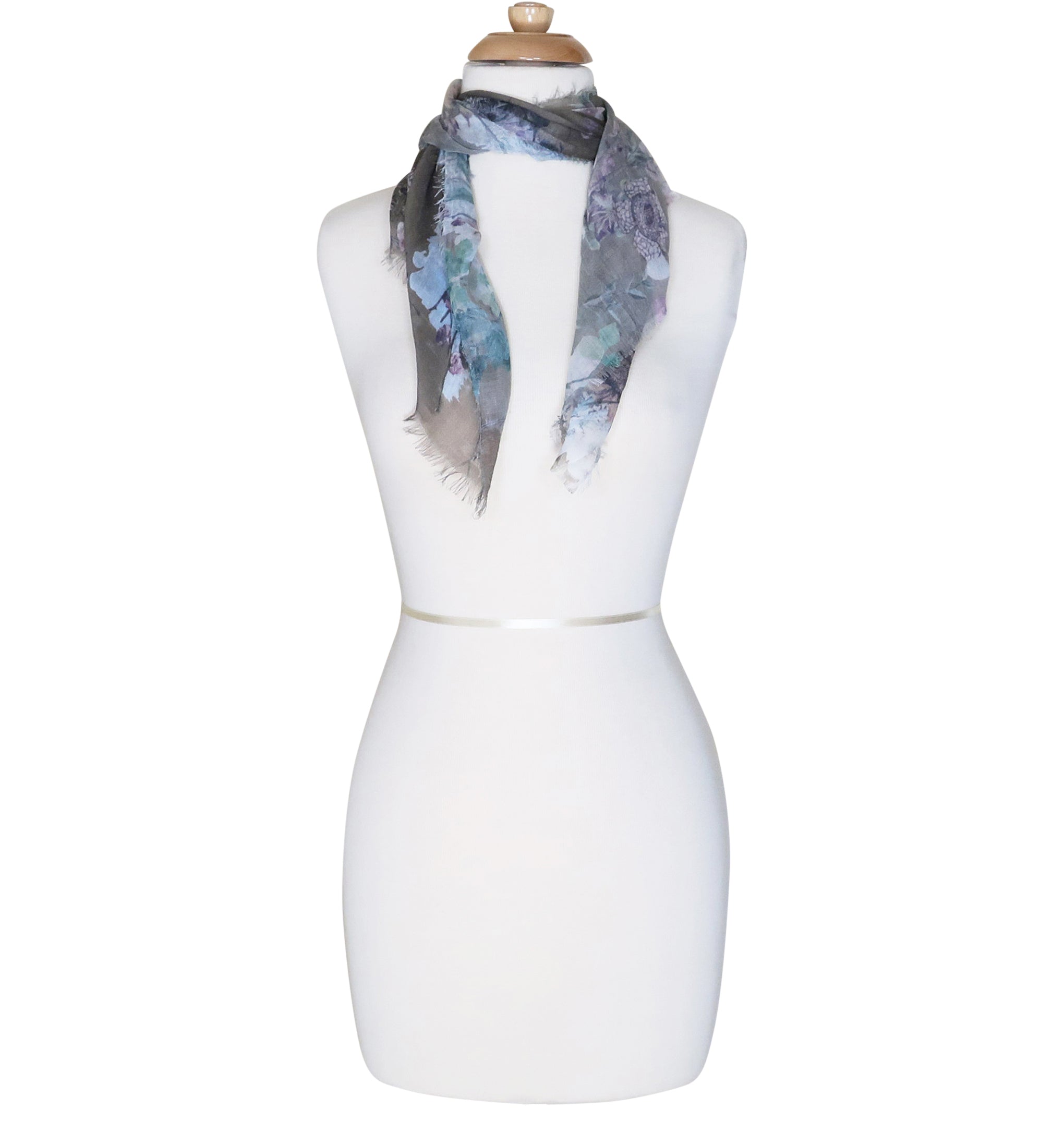 Blue Pacific Floral Micromodal and Silk Neckerchief Scarf in Taupe