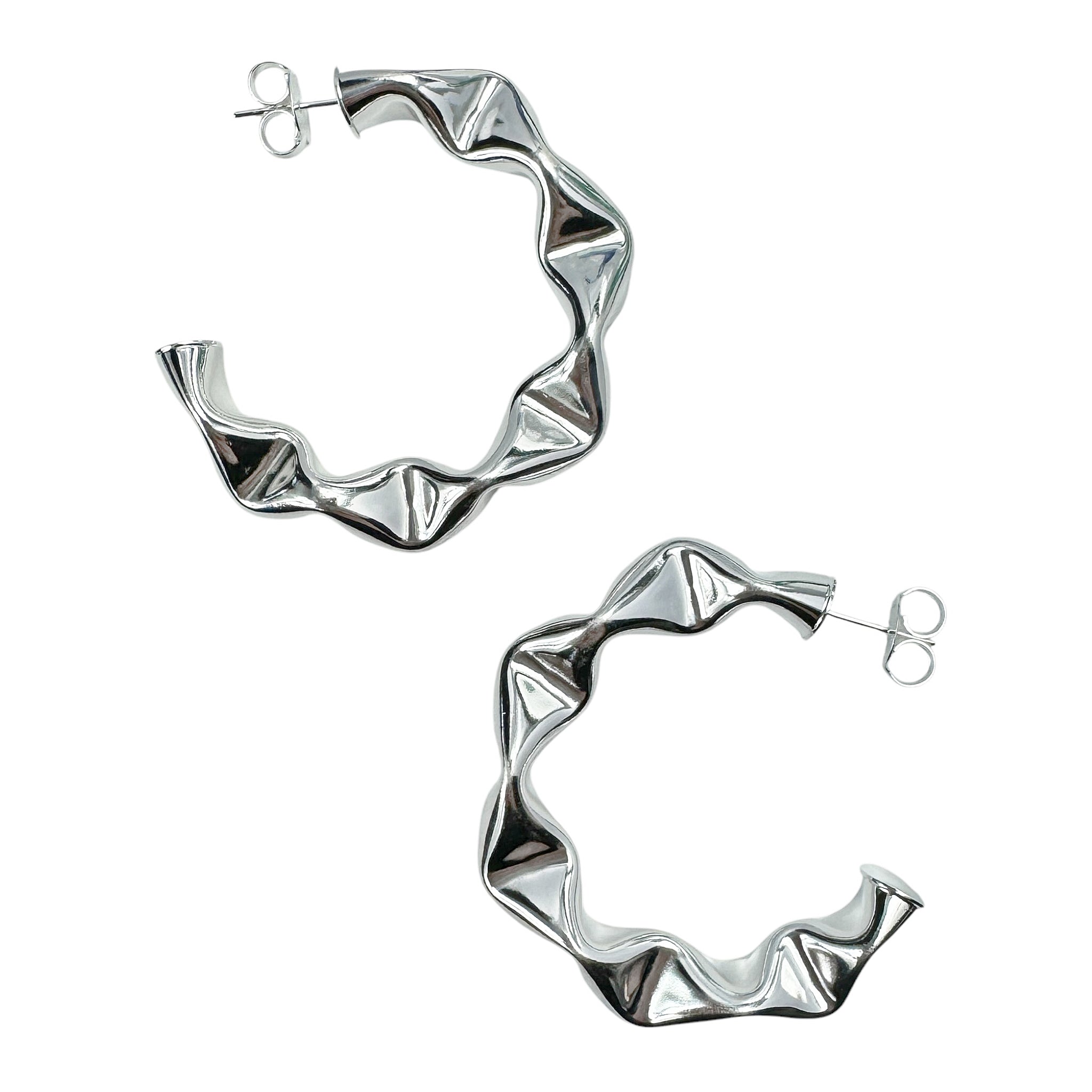 Sheila Fajl Large Wrinkled Hoop Earrings in Polished Silver Plated