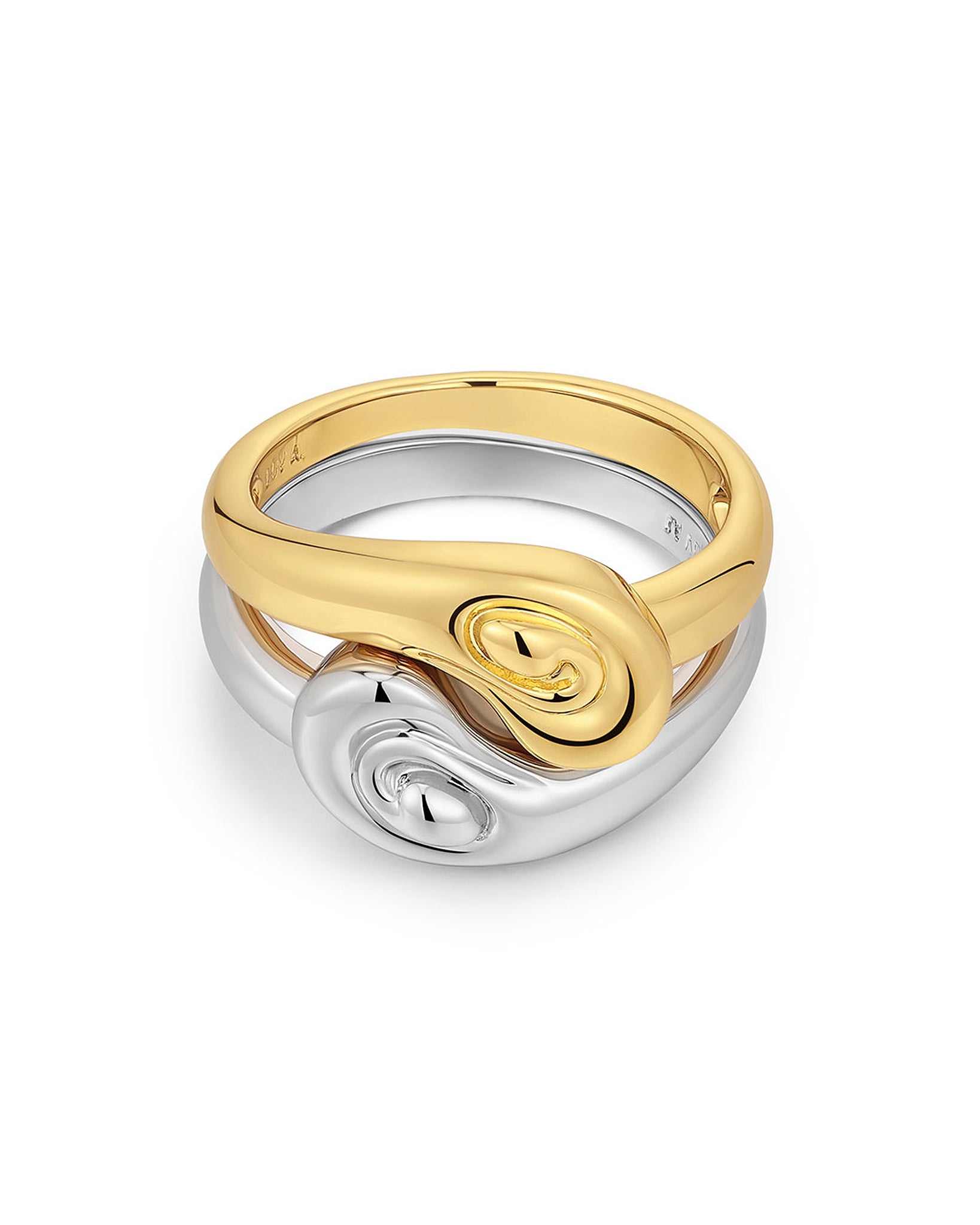 Luv Aj Coquille Swirl Shell Ring Set of Two in Two Tone Gold and Rhodium Silver Plated - Size 6