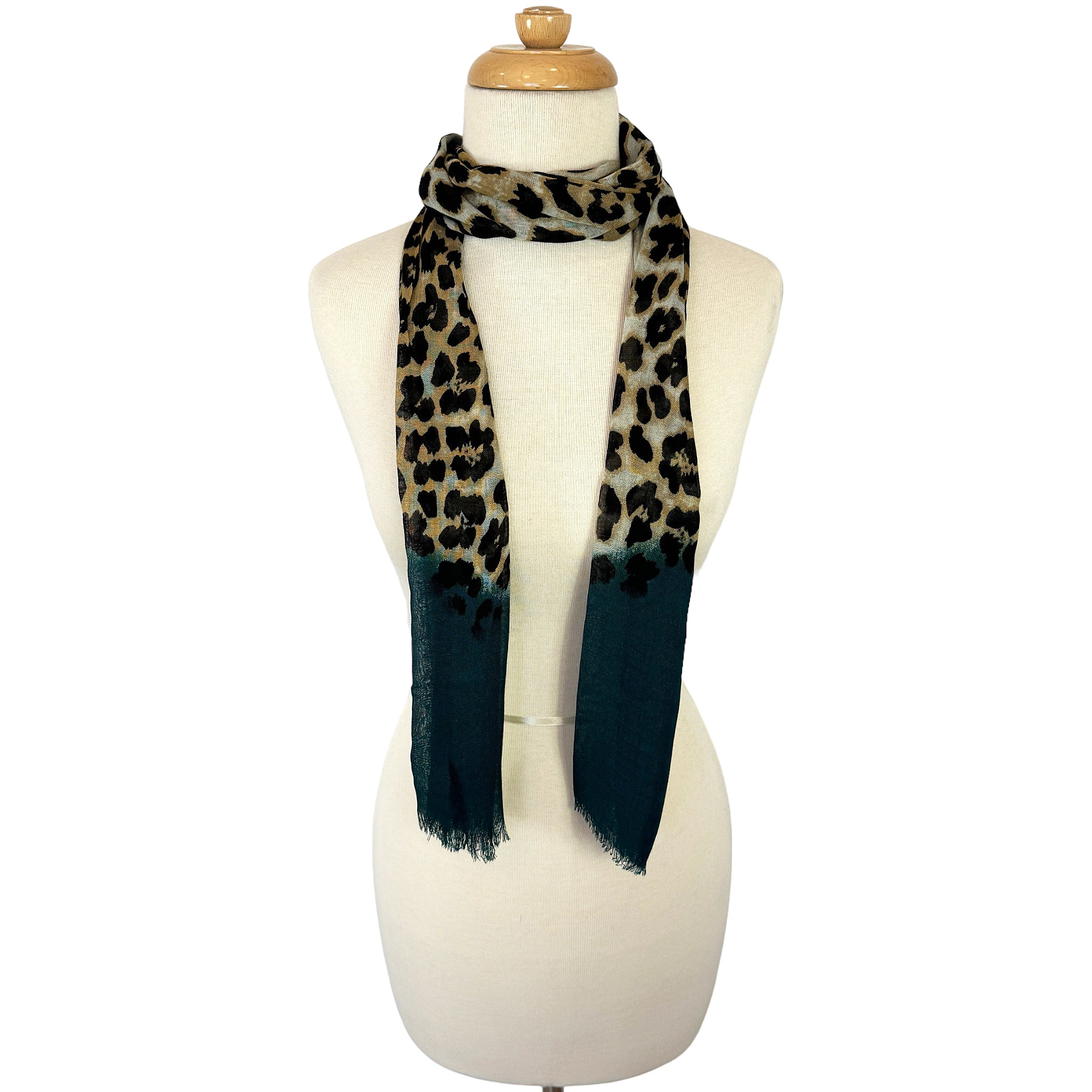 Blue Pacific Animal Print Cashmere Silk Skinny Tube Scarf in Teal Blue and Tan