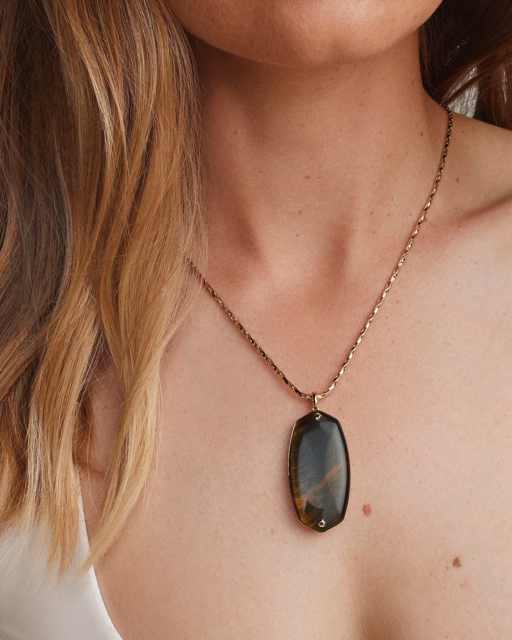 Kendra Scott Danielle Riveted Reversible Long Pendant Necklace in Dark Brown Hawks Eye and Gold Plated