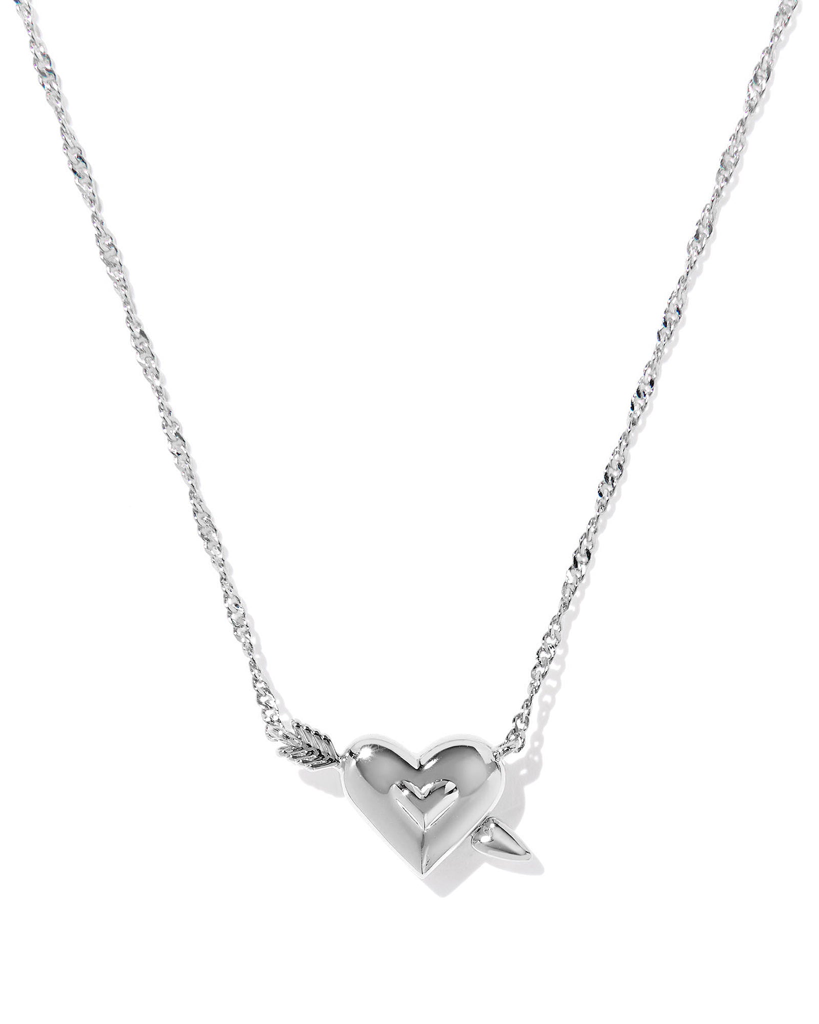Silver necklace with a pink heart pendant with an arrow through it on a white background