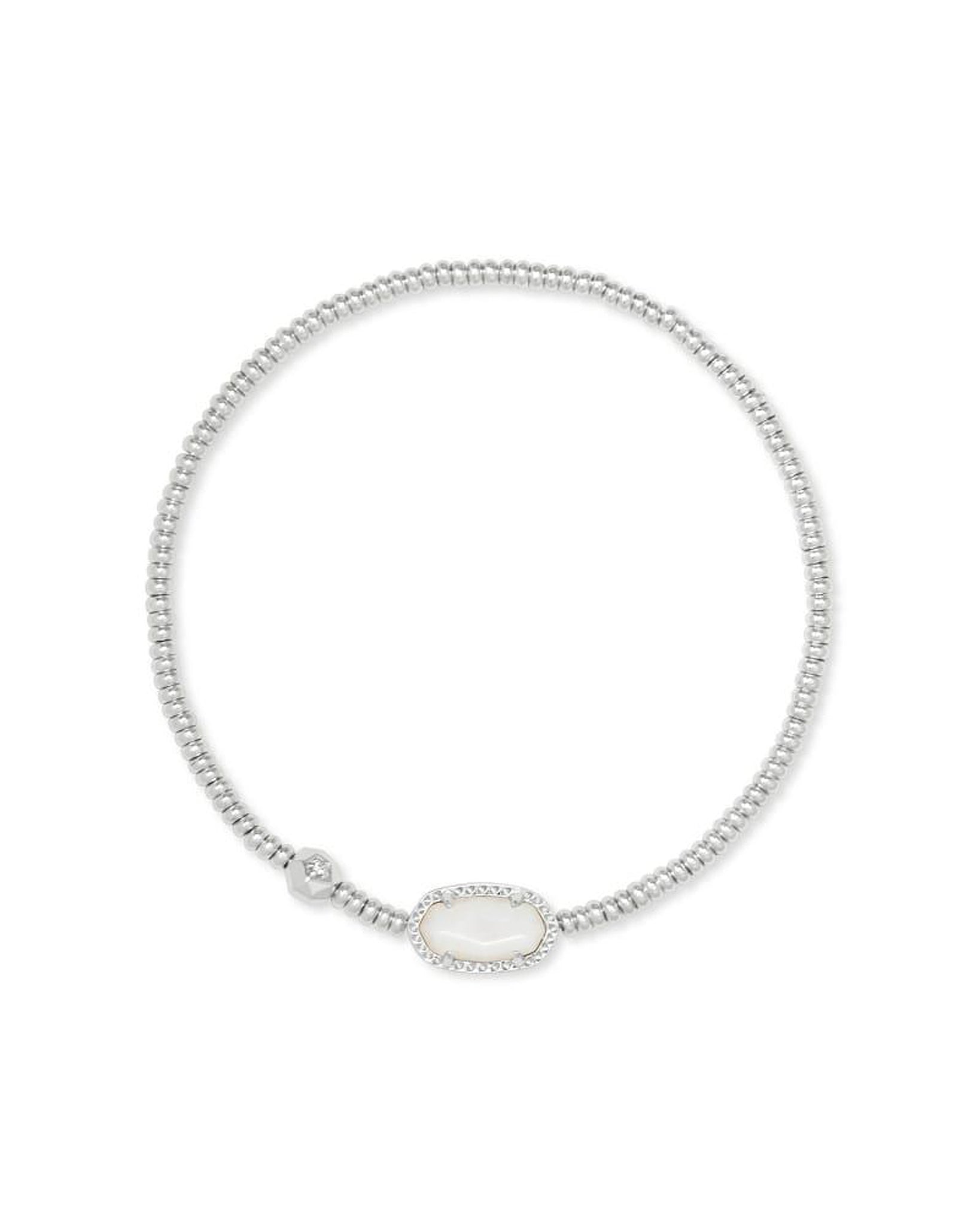Silver bracelet with a central oval gemstone on a white background