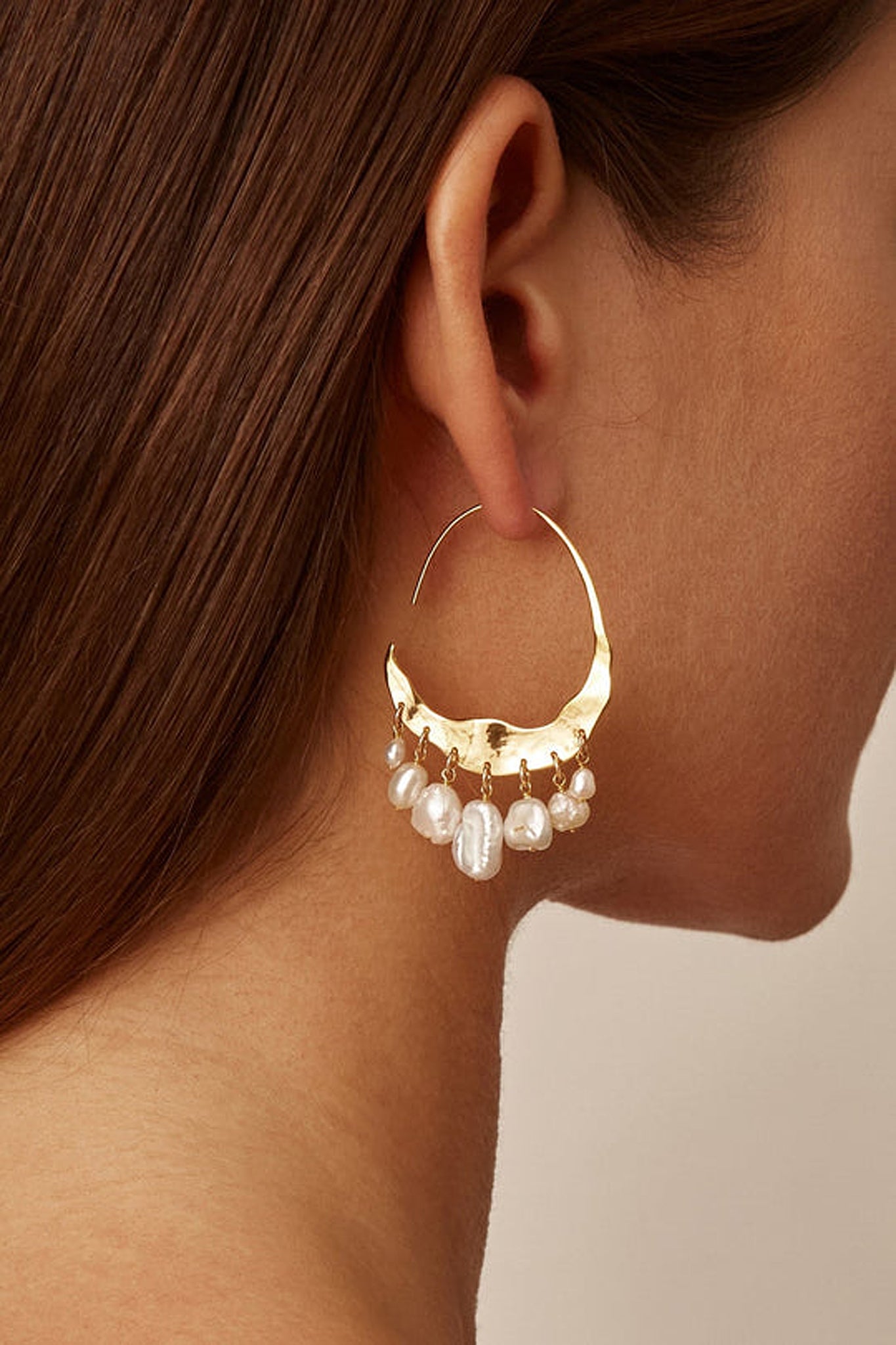 Chan Luu Crescent Moon Hammered 18k Gold Vermeil Hoop Earrings in White Pearl