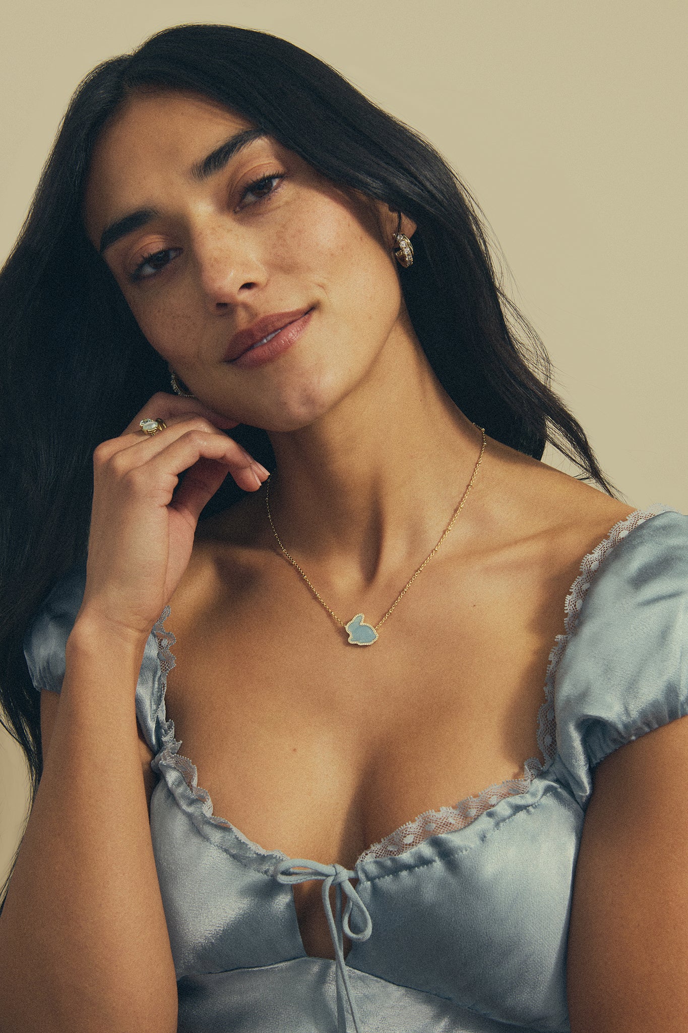 Kendra Scott Bunny Satellite Chain Pendant Necklace in Matte Light Blue Dichroic Glass and Gold Plated