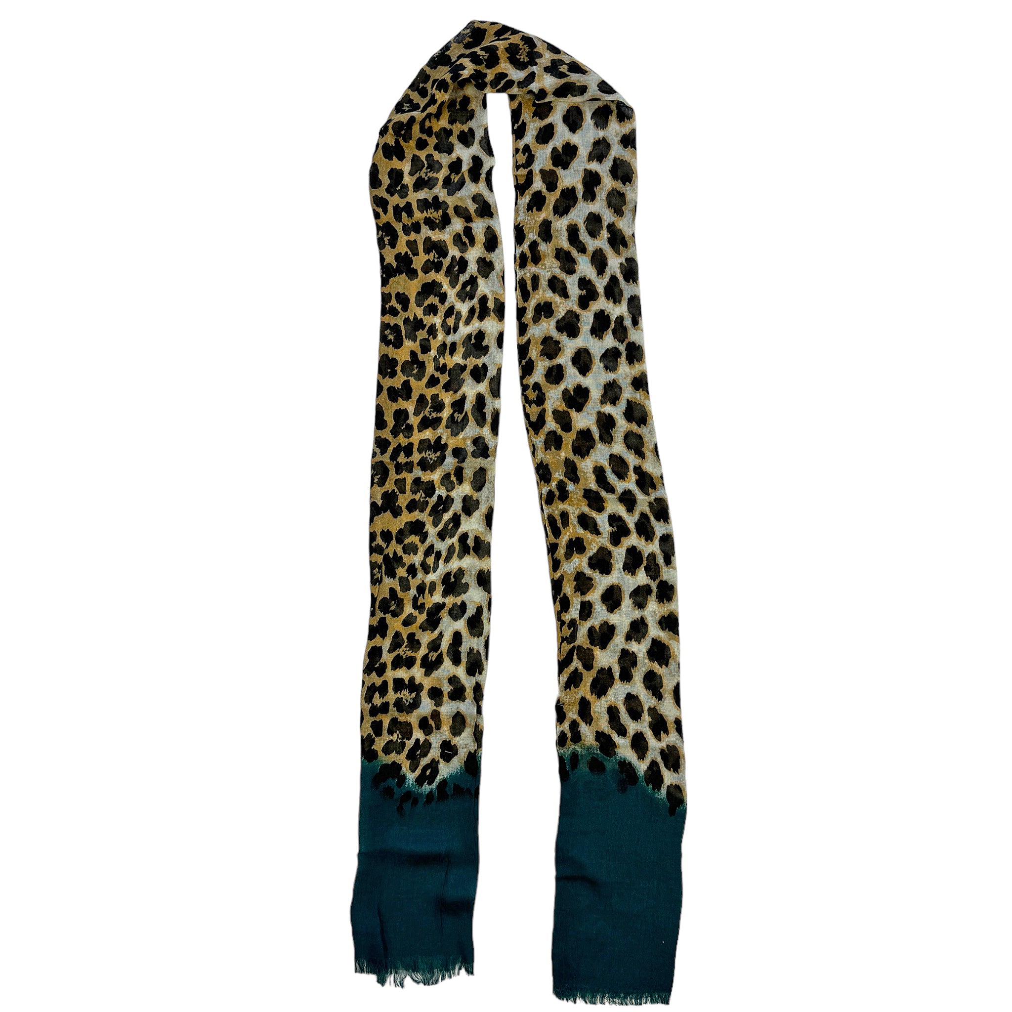 Blue Pacific Animal Print Cashmere Silk Skinny Tube Scarf in Teal Blue and Tan