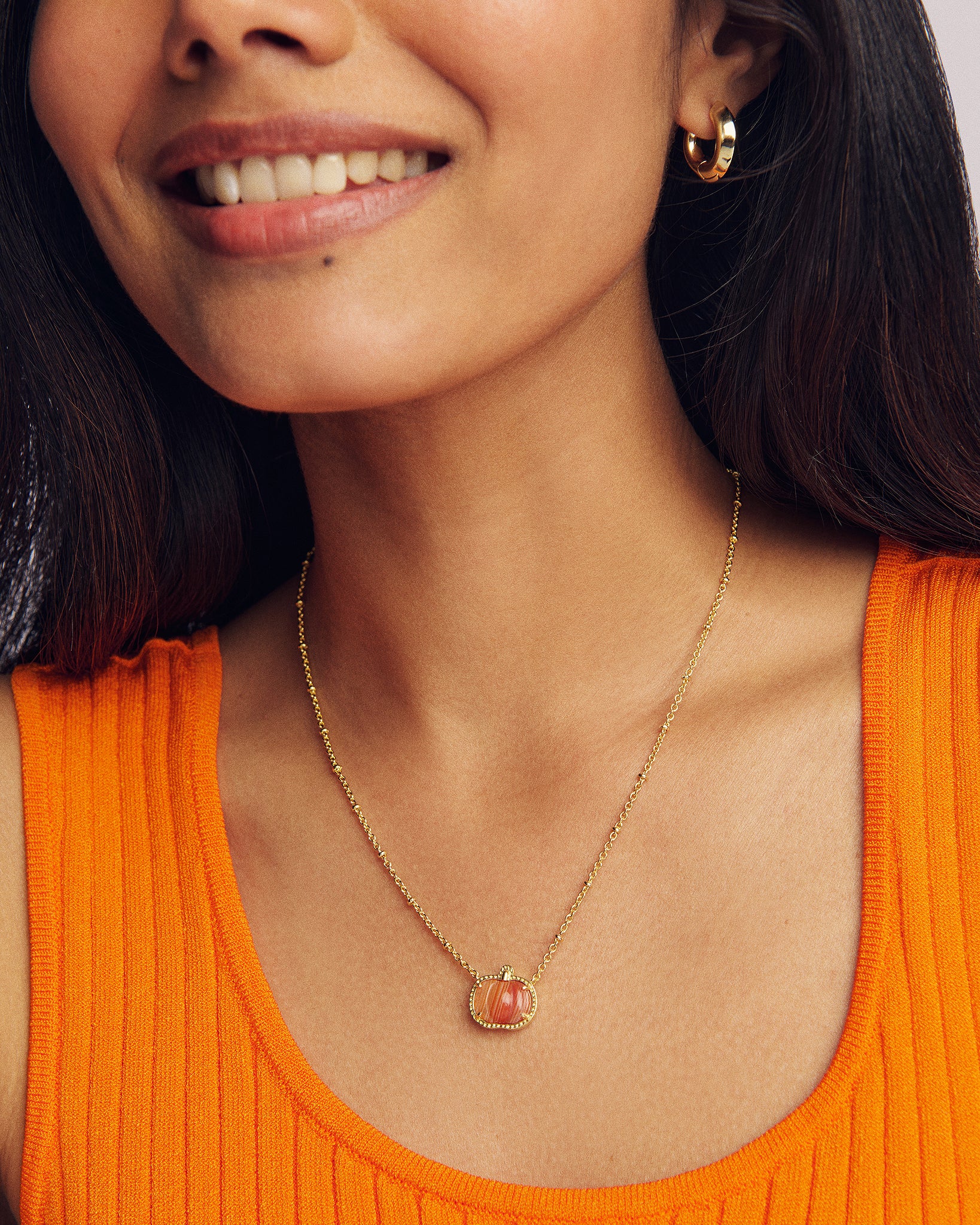 Kendra Scott Pumpkin Short Pendant Necklace in Orange Banded Agate and Rhodium