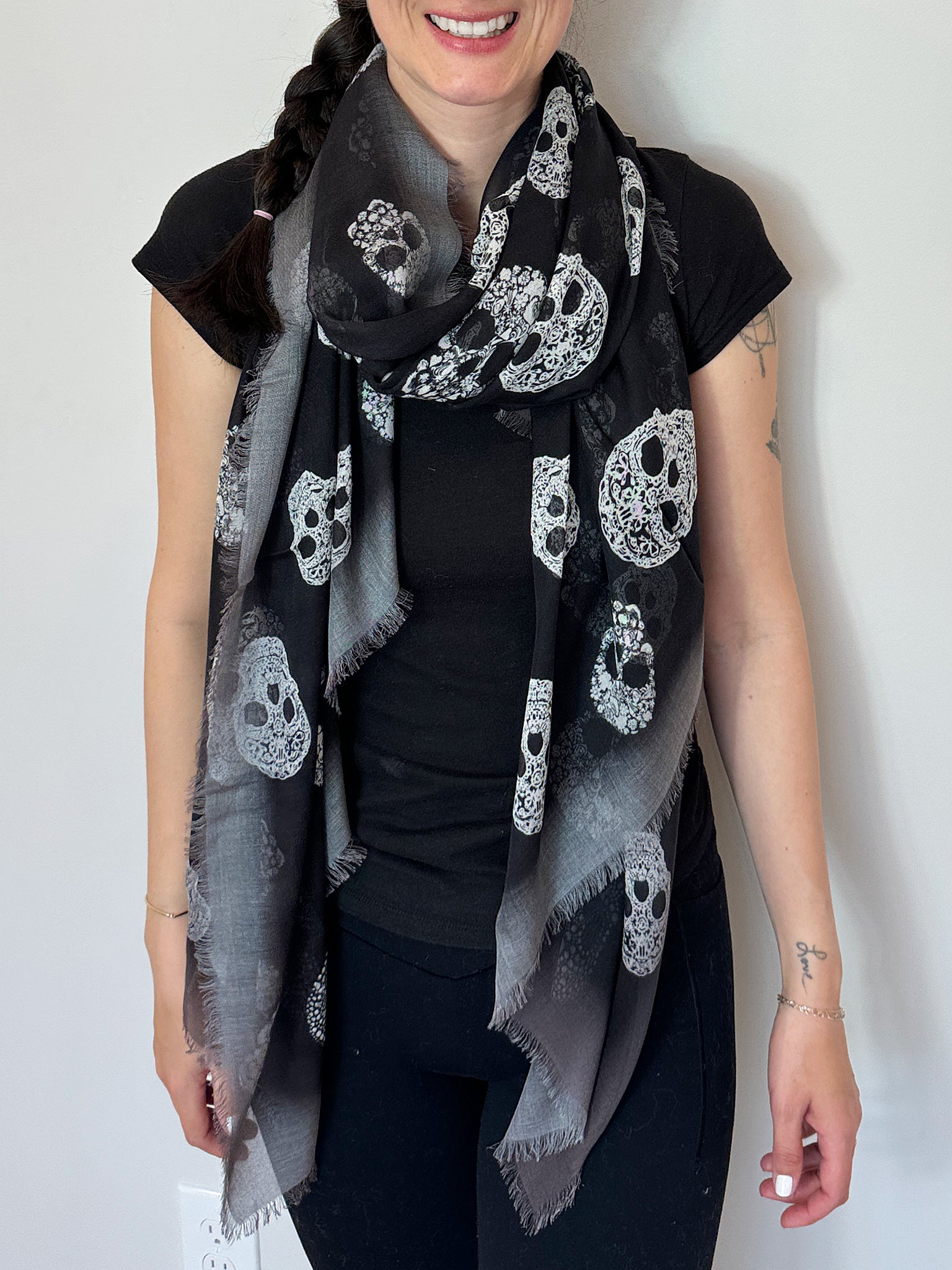 Blue Pacific Modal and Silk Frida Skull Ombre Scarf in Black and Gray Border
