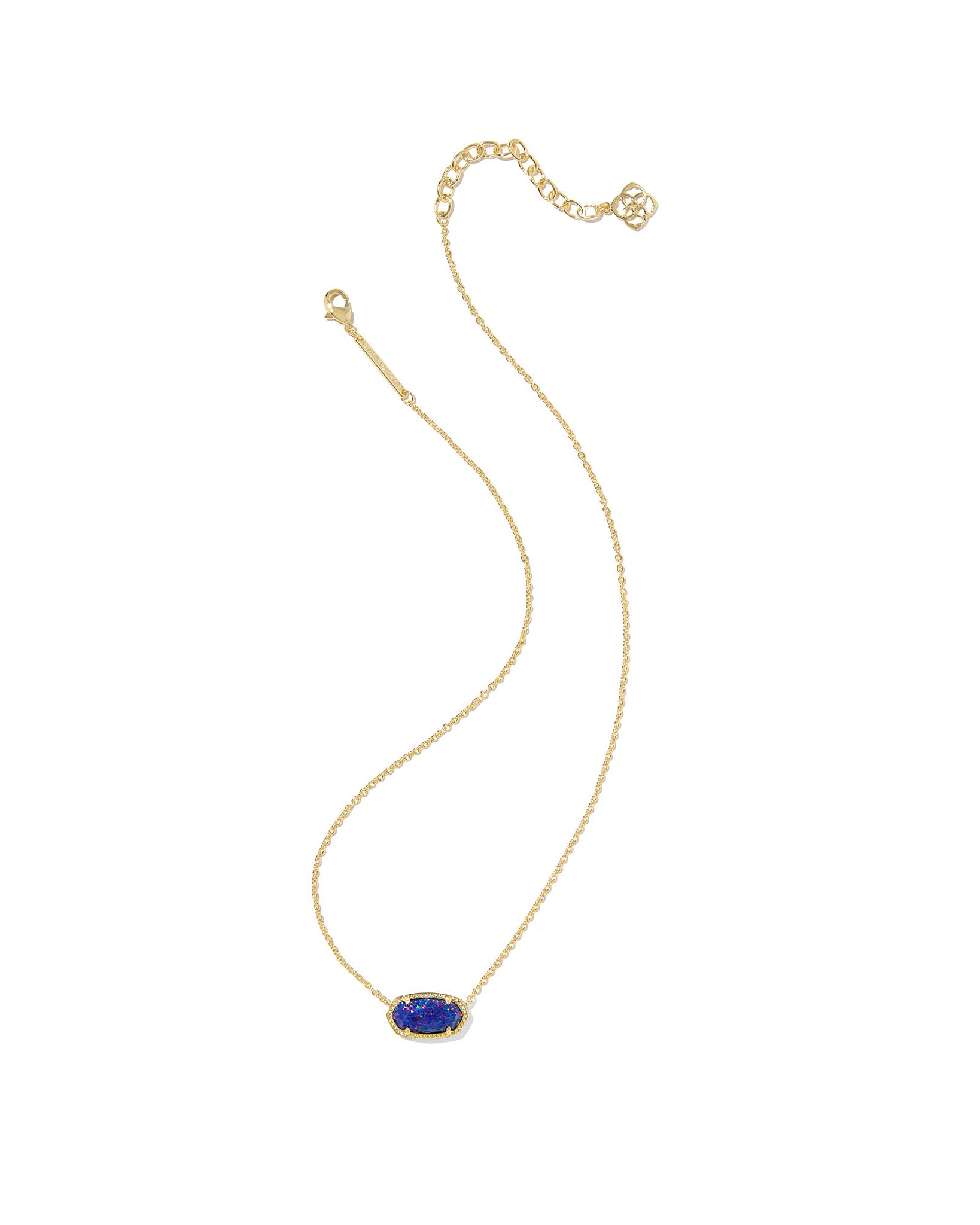 Gold necklace with an oval blue pendant on a white background