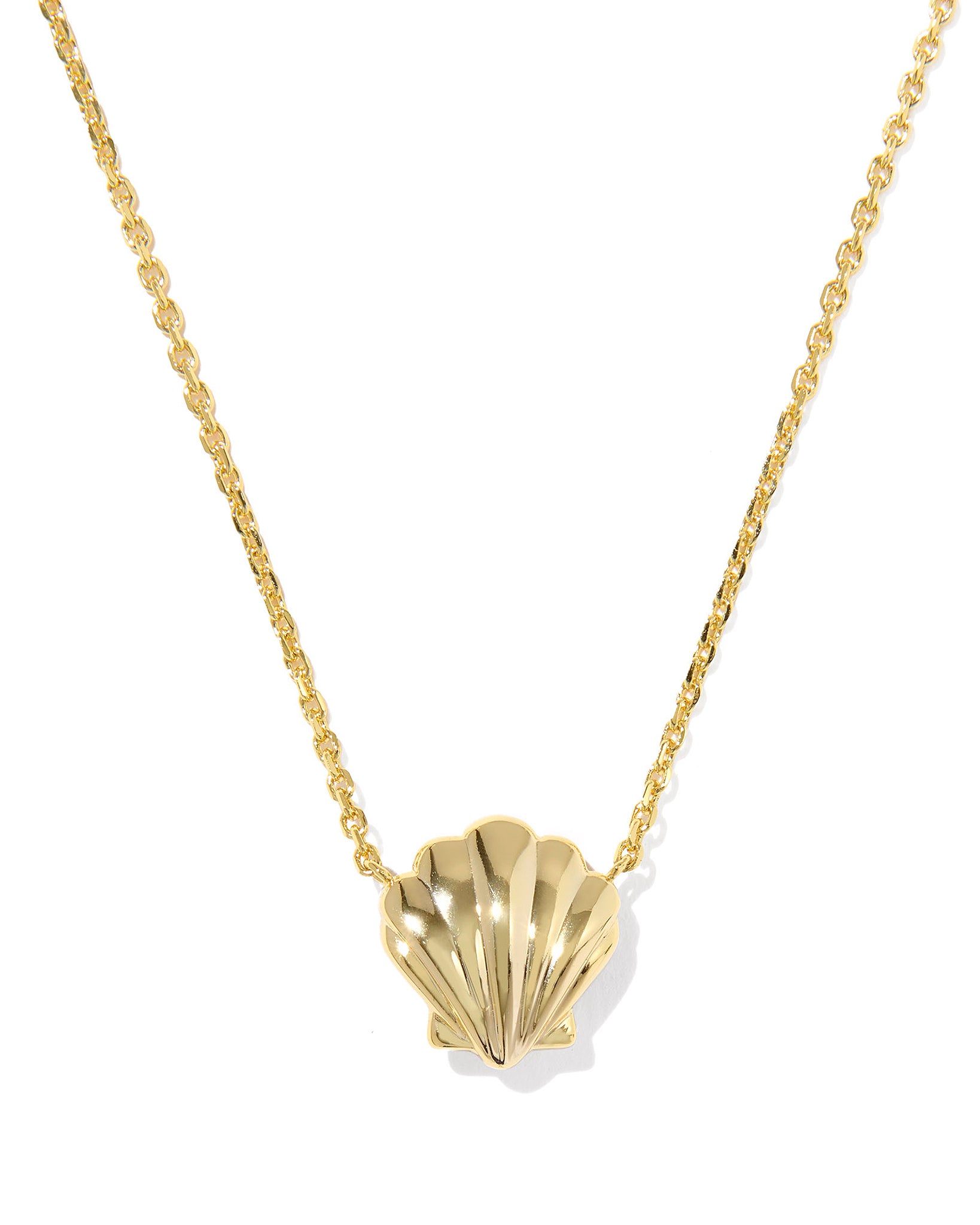 Gold necklace with a shell pendant on a white background