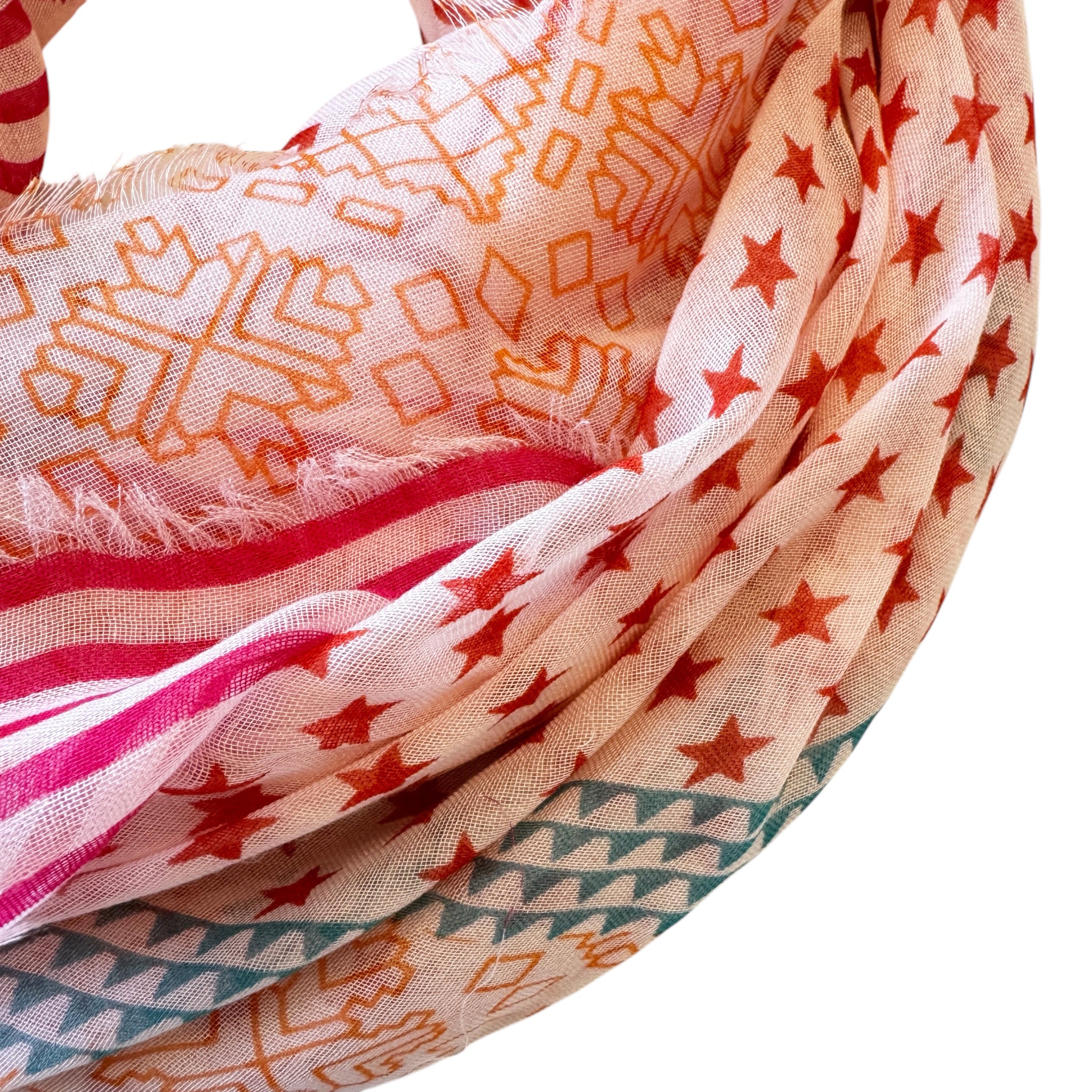 Blue Pacific Ikat Style Geometric Pattern Cashmere and Silk Scarf in Coral Pink Mix