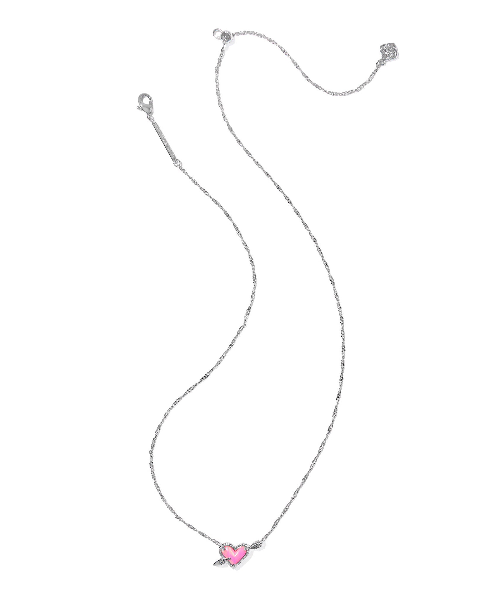 Necklace with a pink heart pendant with an arrow through it on a white background