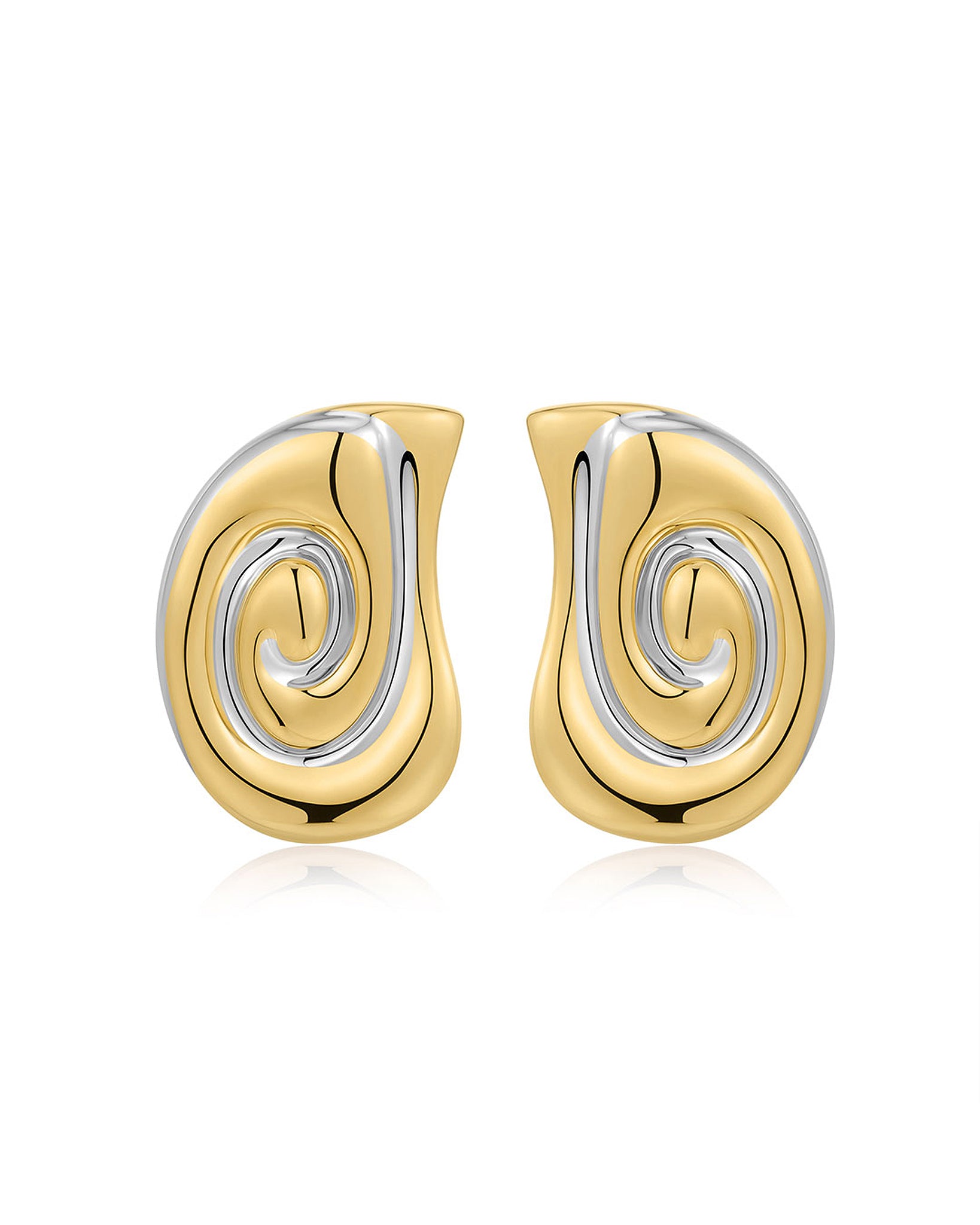 Luv Aj Coquille Swirl Shell Statement Stud Earrings in Two Tone Gold and Rhodium Silver Plated