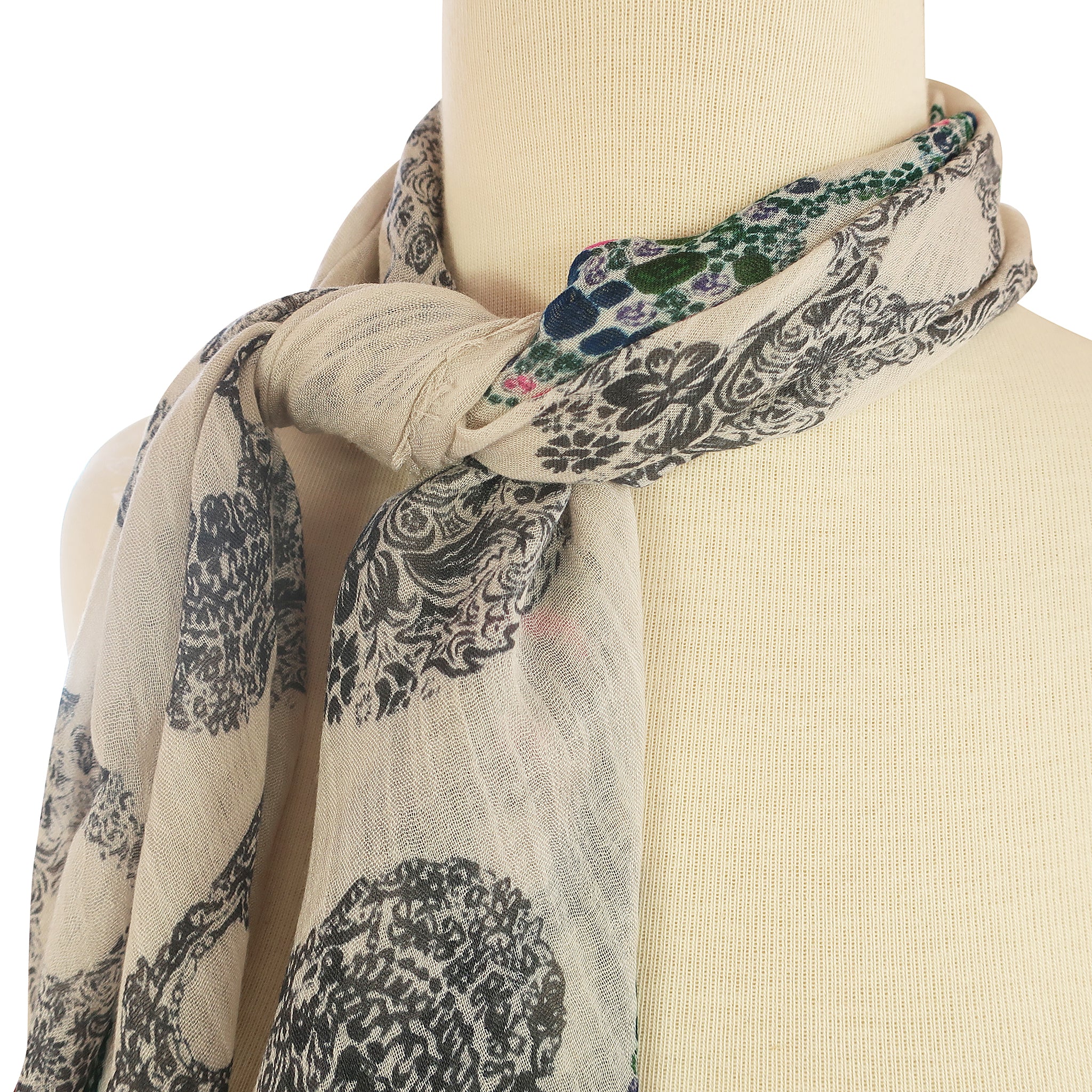 Blue Pacific Frida Cashmere and Silk Sugar Skull Neckerchief Scarf in Champagne