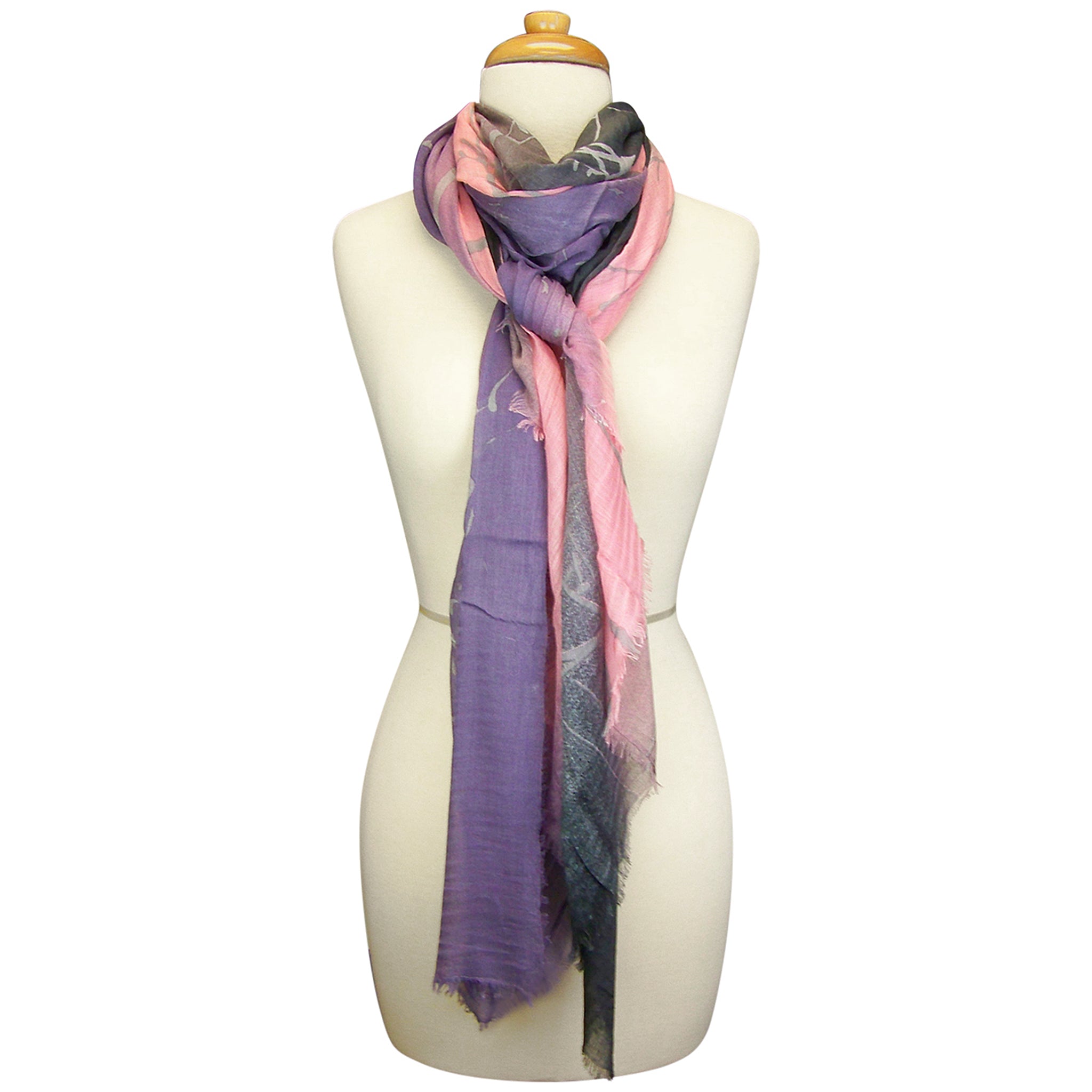 Blue Pacific Tree Print Cashmere and Silk Scarf in Denim and Pink