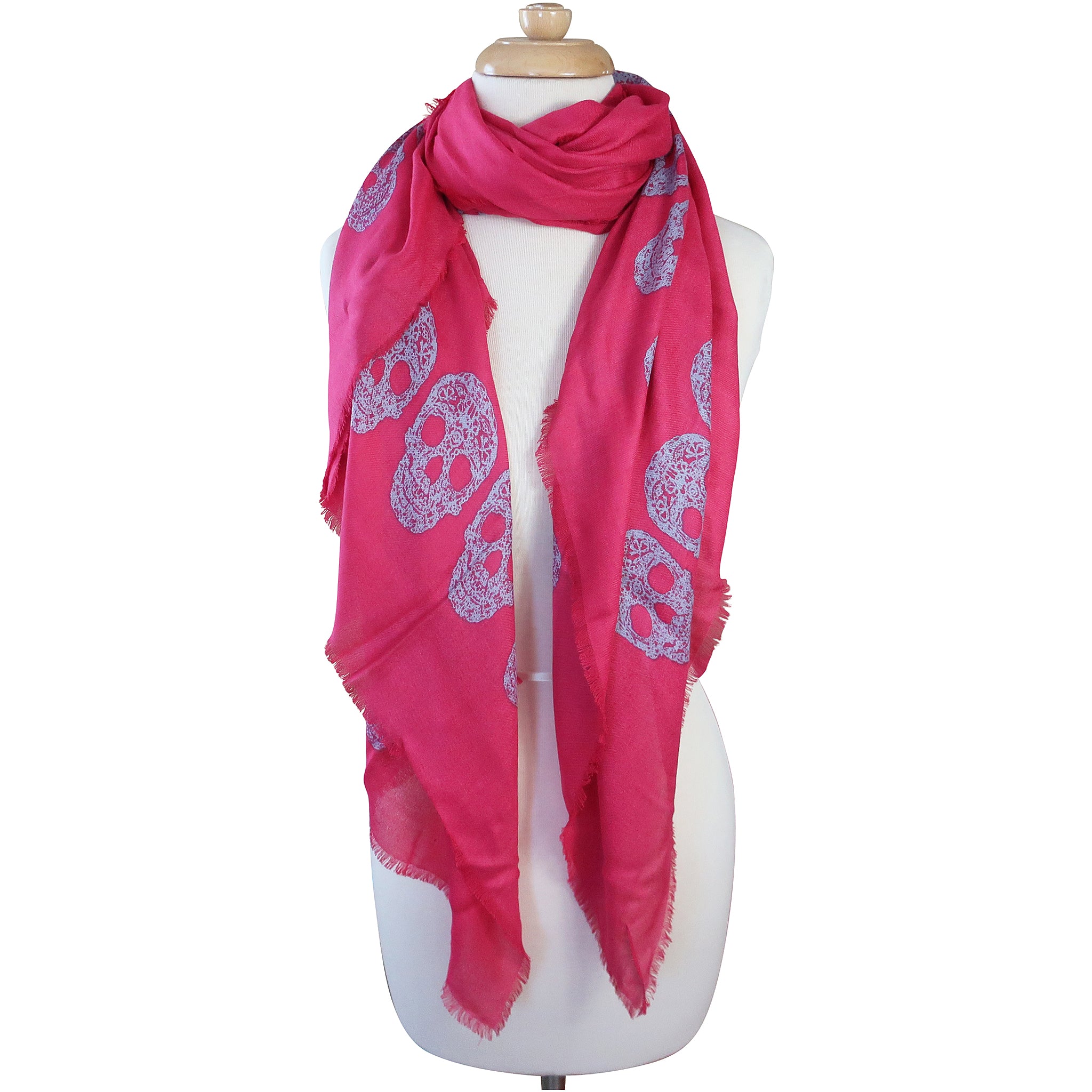 Blue Pacific Frida Skull Bordered Modal and Cashmere Scarf Shawl in Cherry Pink