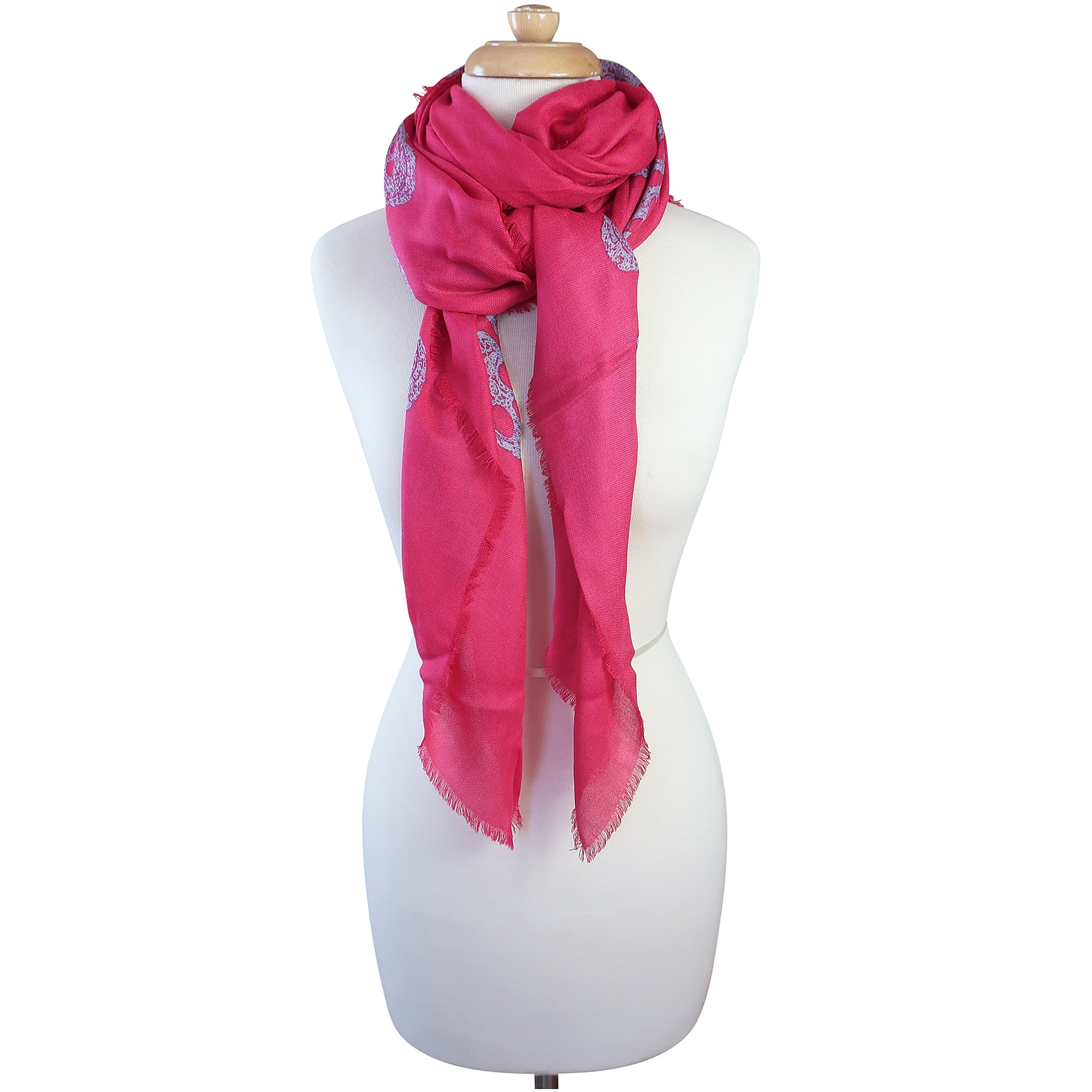 Blue Pacific Frida Skull Bordered Modal and Cashmere Scarf Shawl in Cherry Pink