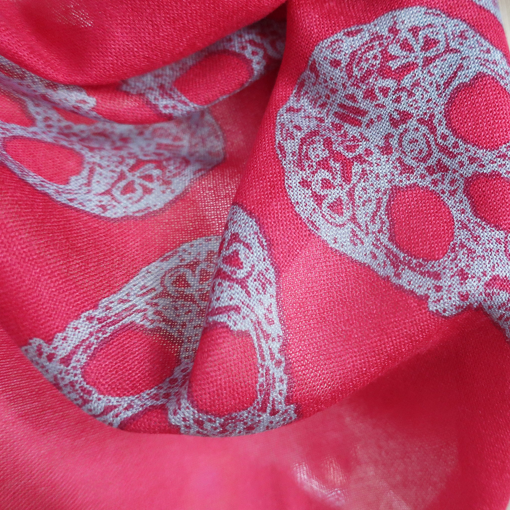 Blue Pacific Frida Skull Bordered Modal and Cashmere Scarf Shawl in Cherry Pink