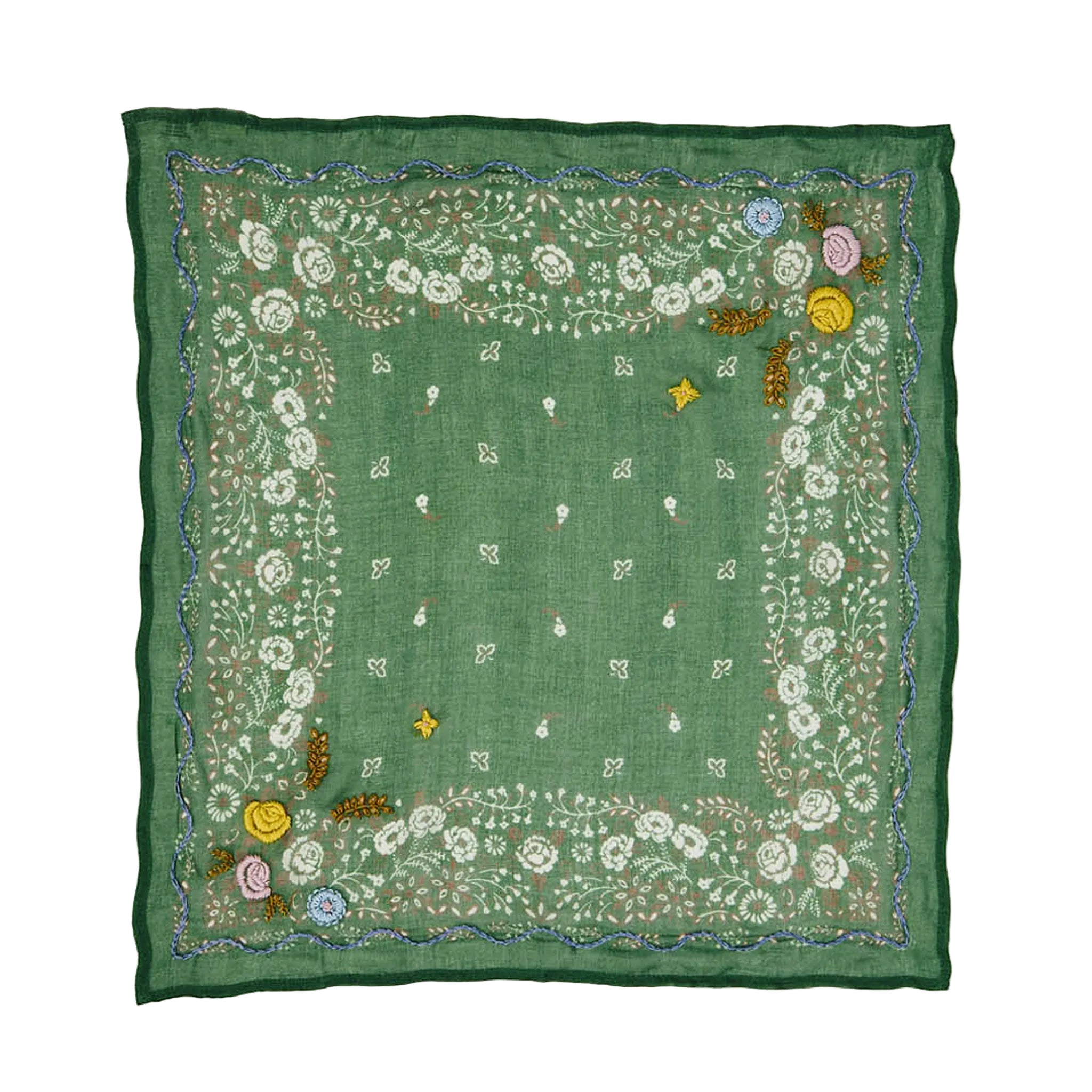 A square green bandana or scarf featuring an intricate embroidered floral border and small central motifs, displayed flat against a white background.