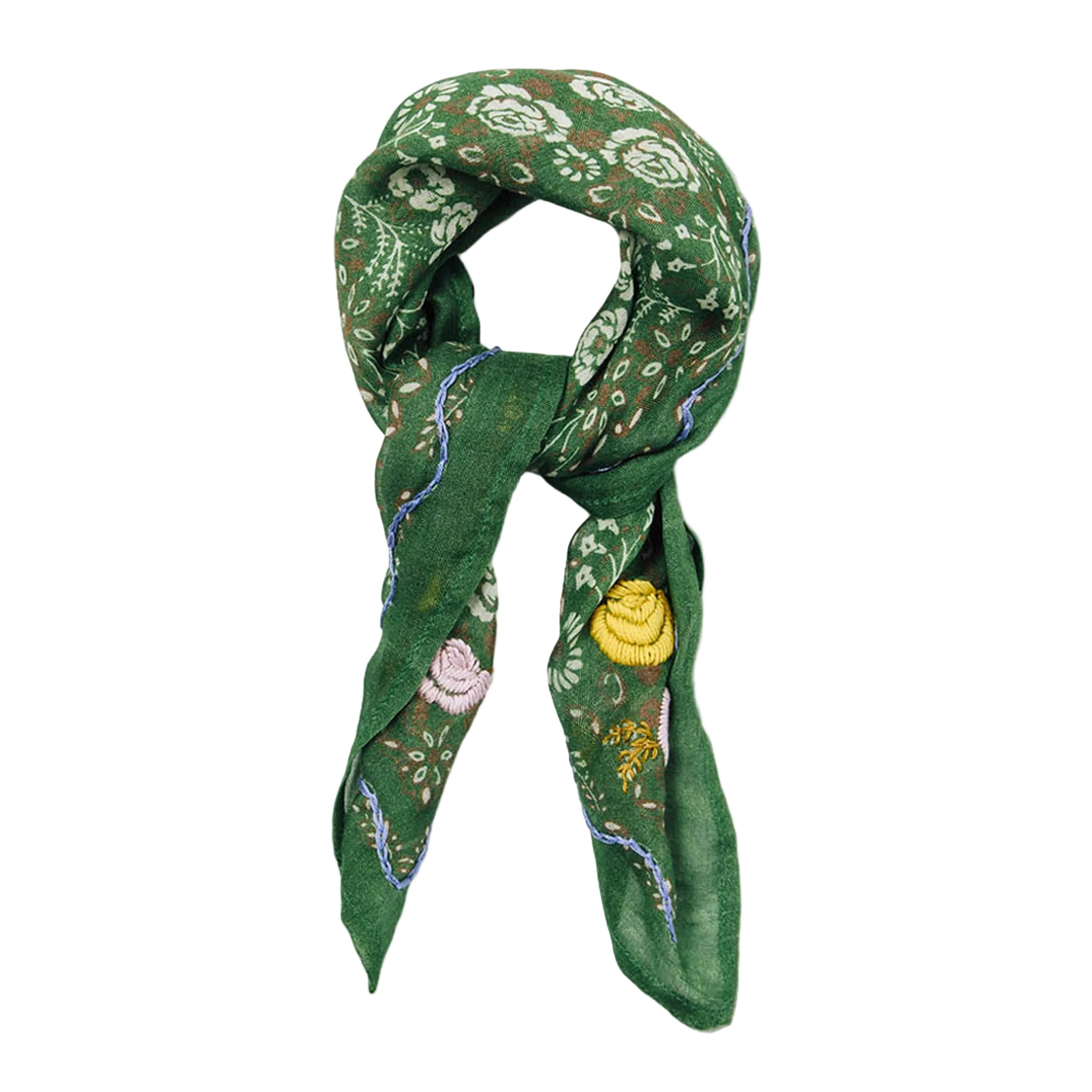A green silk scarf with a white floral pattern and colorful embroidered details, styled in a loop on a white background.
