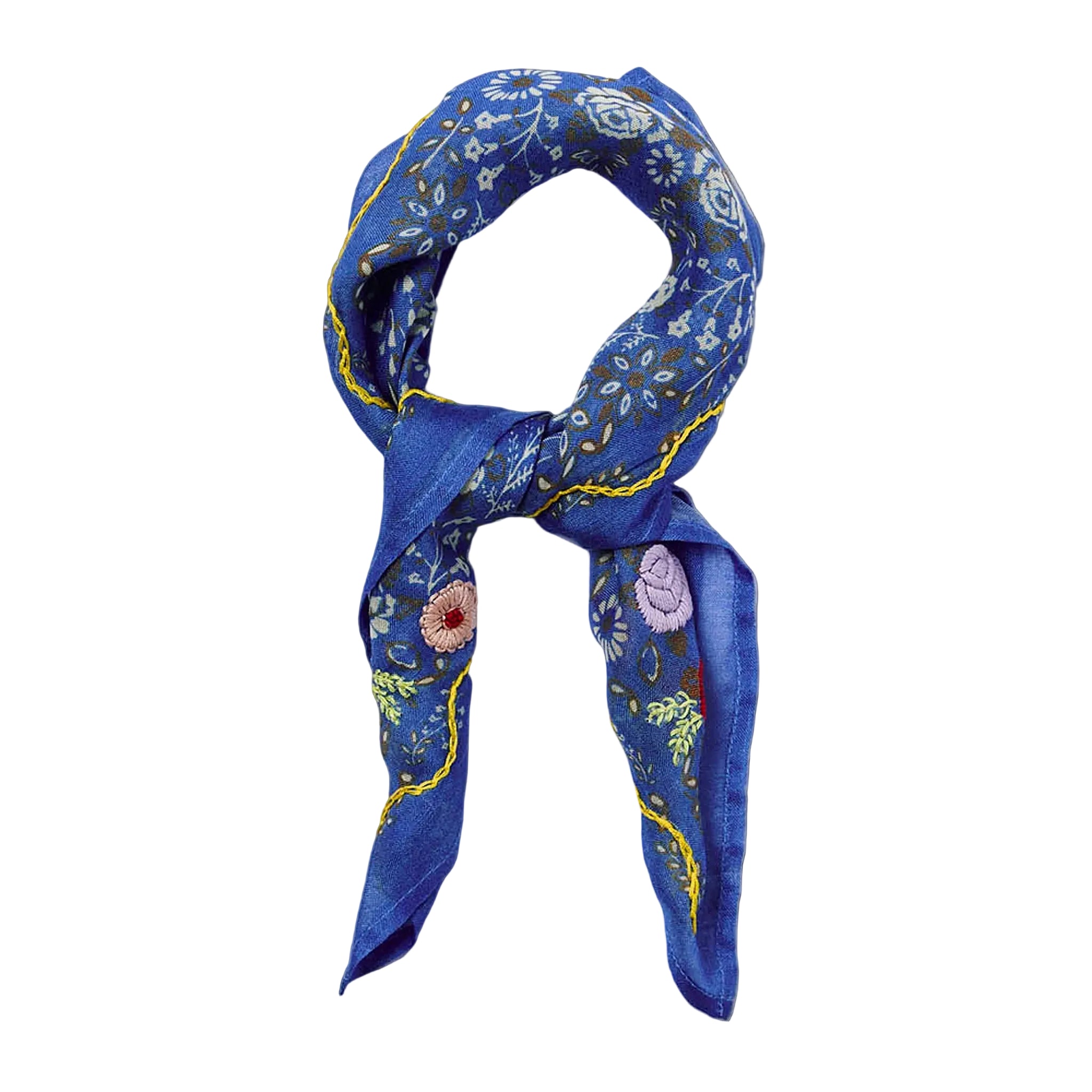 A blue silk scarf with a detailed floral pattern in white, yellow, green, and purple, styled in a loop on a plain white background.
