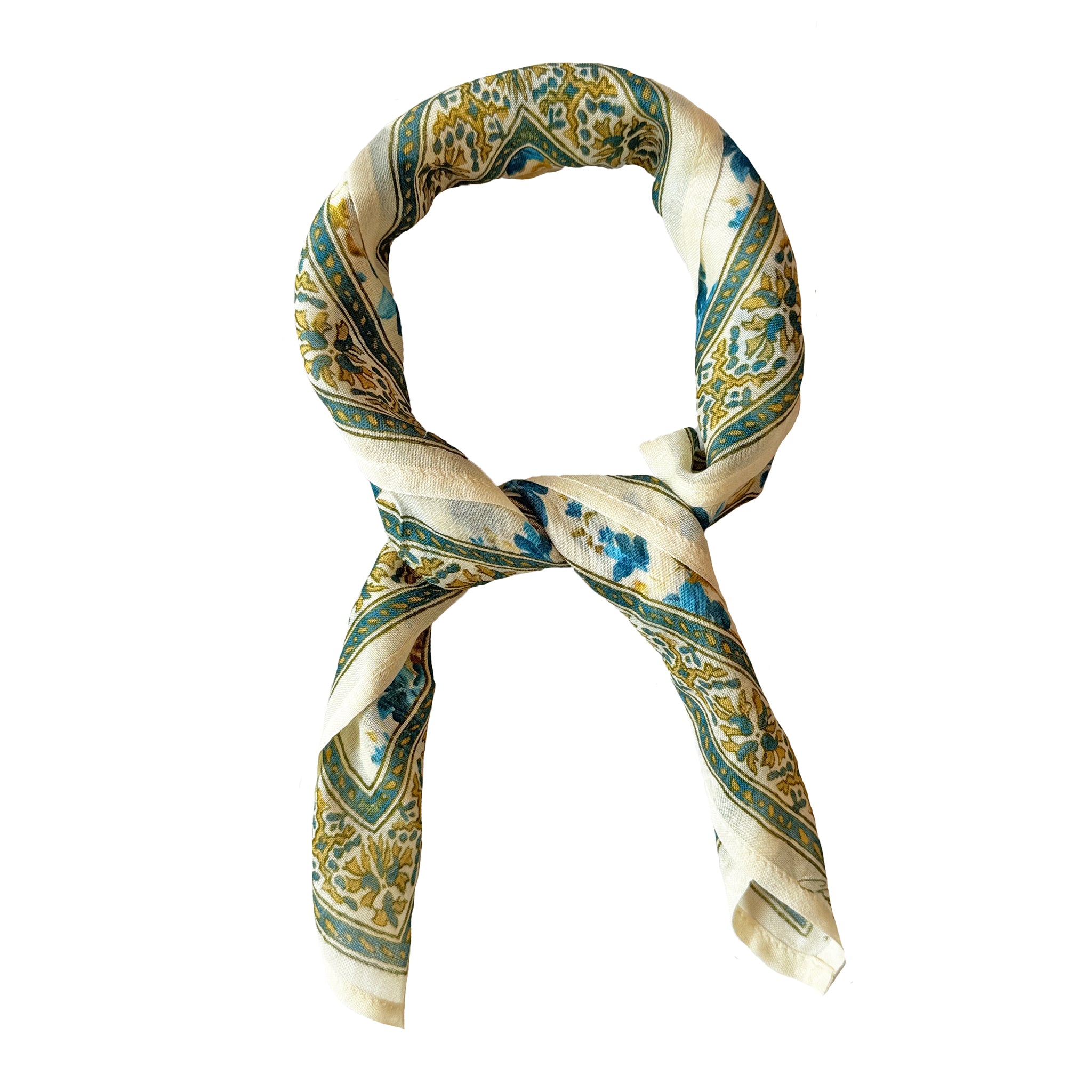 Chan Luu Floral Flower Printed Bandana Neckerchief Scarf in Lagoon Blue Green