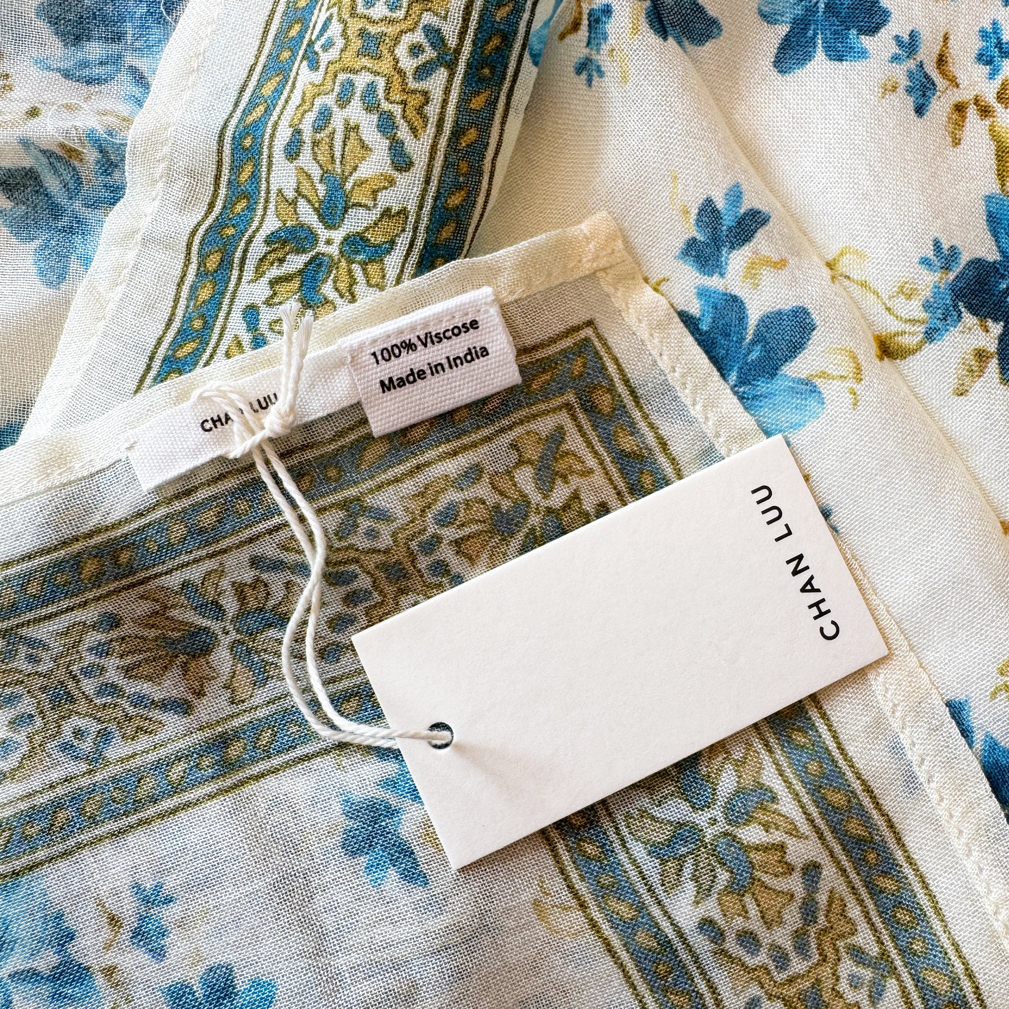 Chan Luu Floral Flower Printed Bandana Neckerchief Scarf in Lagoon Blue Green