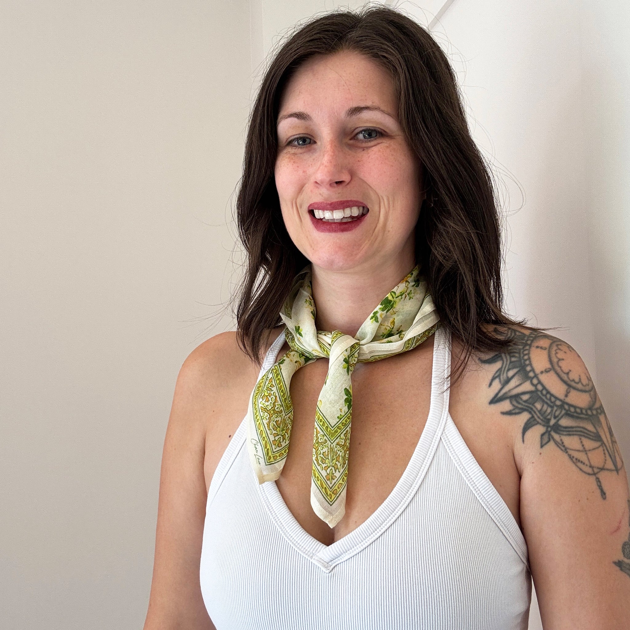 Chan Luu Floral Flower Printed Bandana Neckerchief Scarf in Tender Shoots Neon Green