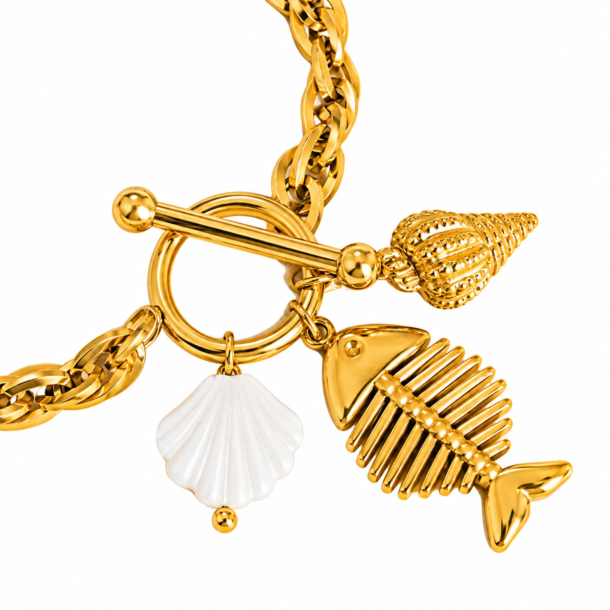 Flanerie Bone Fishbone Shell Charm Chain Bracelet in Gold Plated