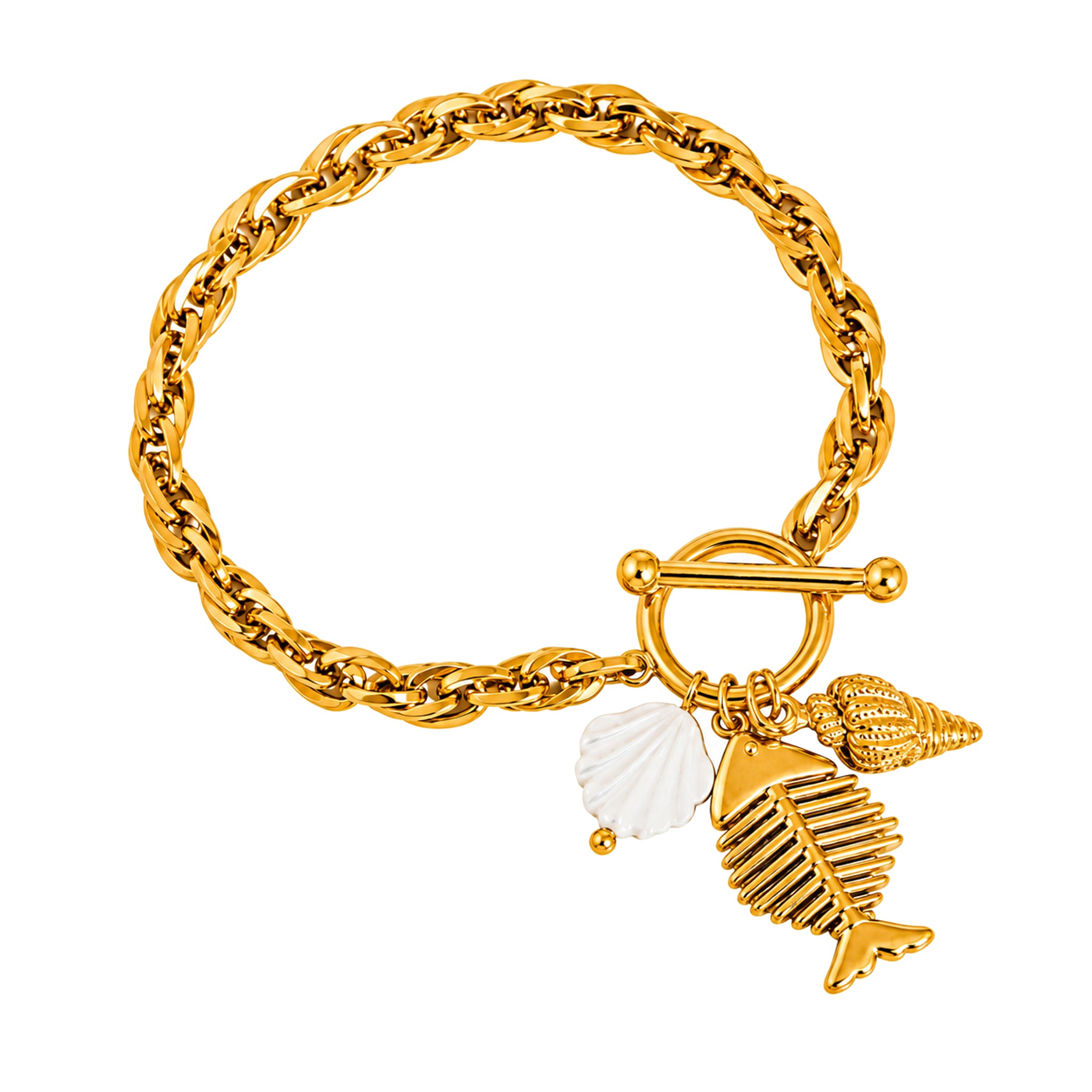 Flanerie Bone Fishbone Shell Charm Chain Bracelet in Gold Plated