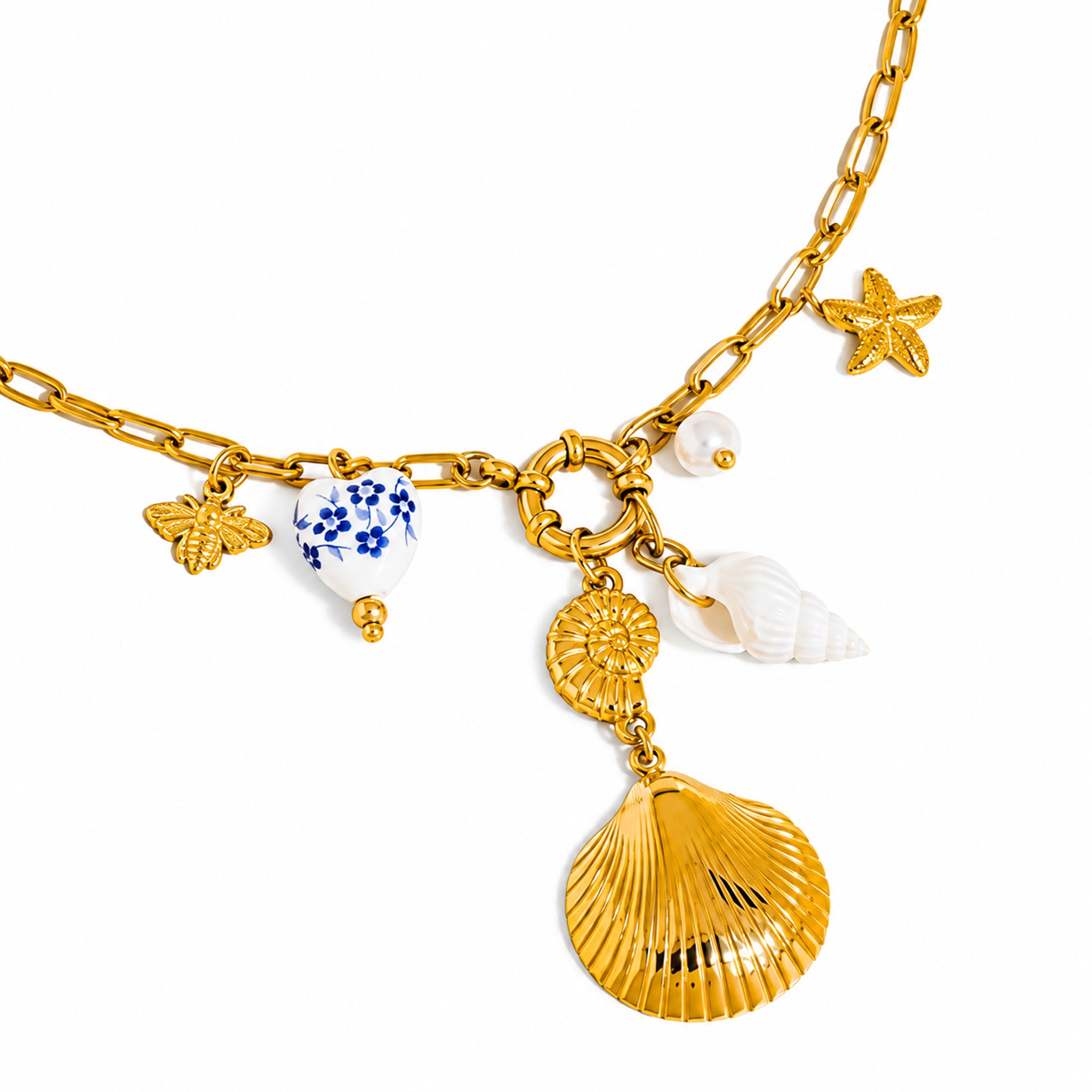 Flanerie Briar Blue Floral Ceramic Heart and Shell Statement Charm Necklace in Gold Plated