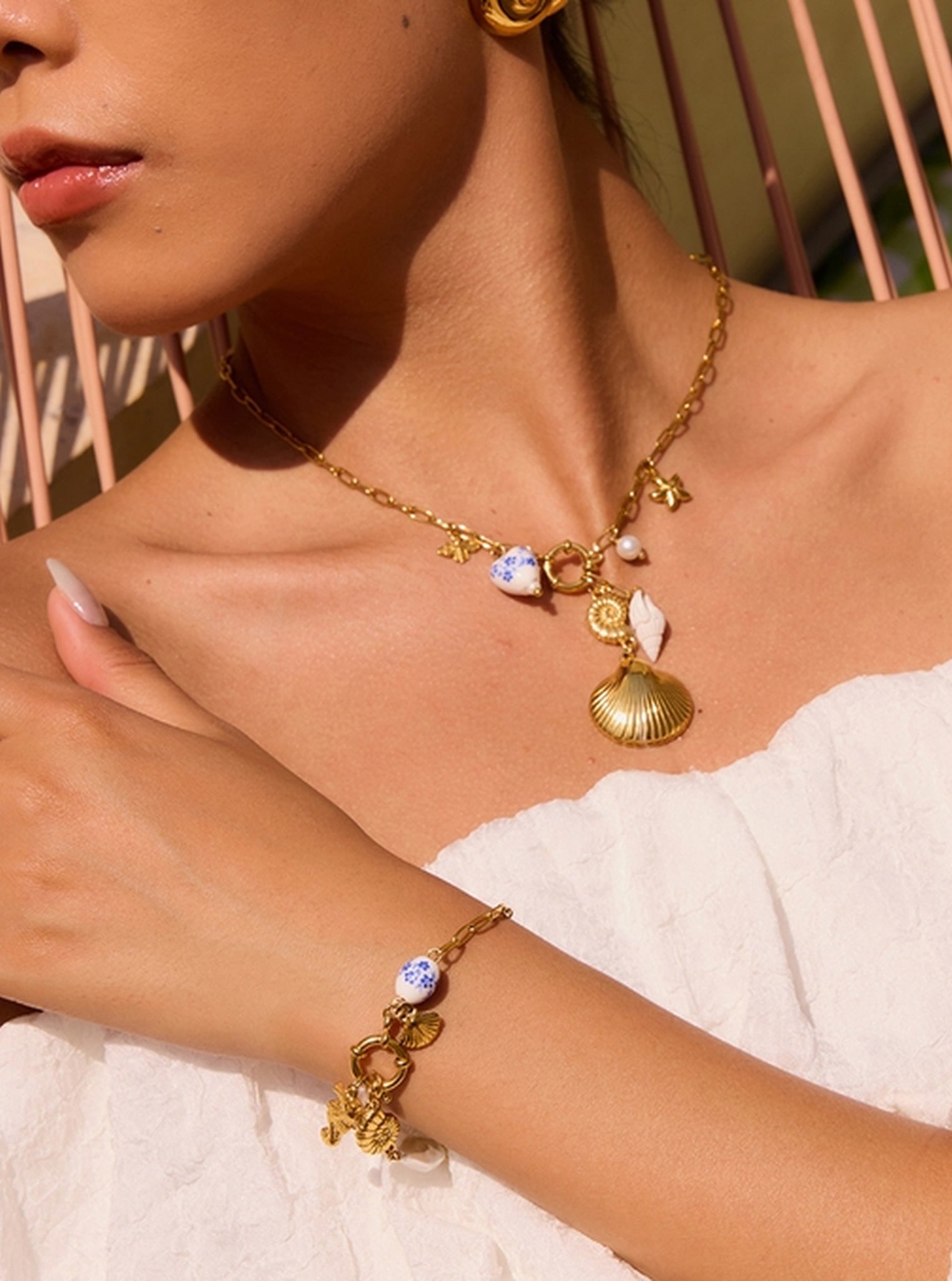 Flanerie Briar Blue Floral Ceramic Heart and Shell Statement Charm Necklace in Gold Plated