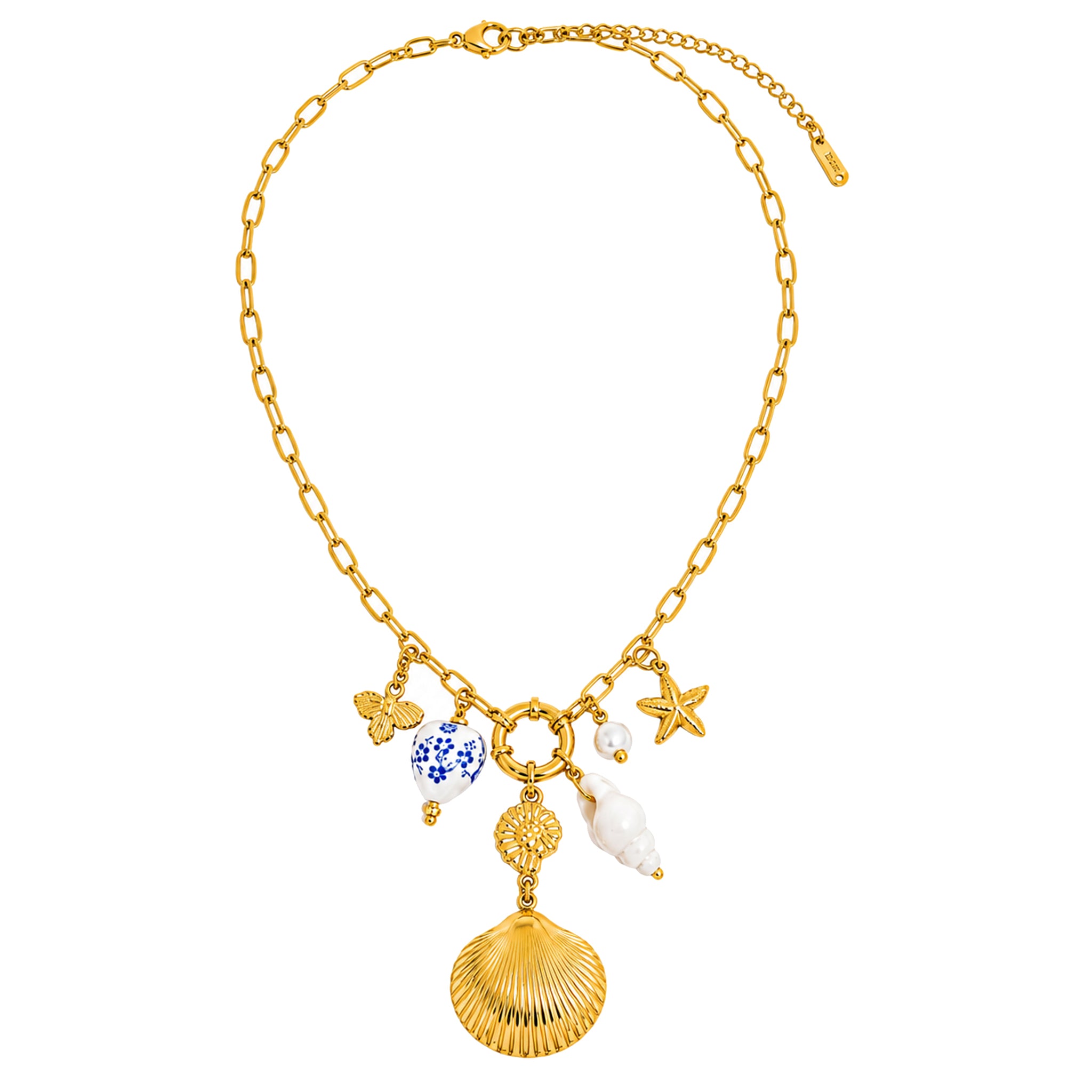Flanerie Briar Blue Floral Ceramic Heart and Shell Statement Charm Necklace in Gold Plated