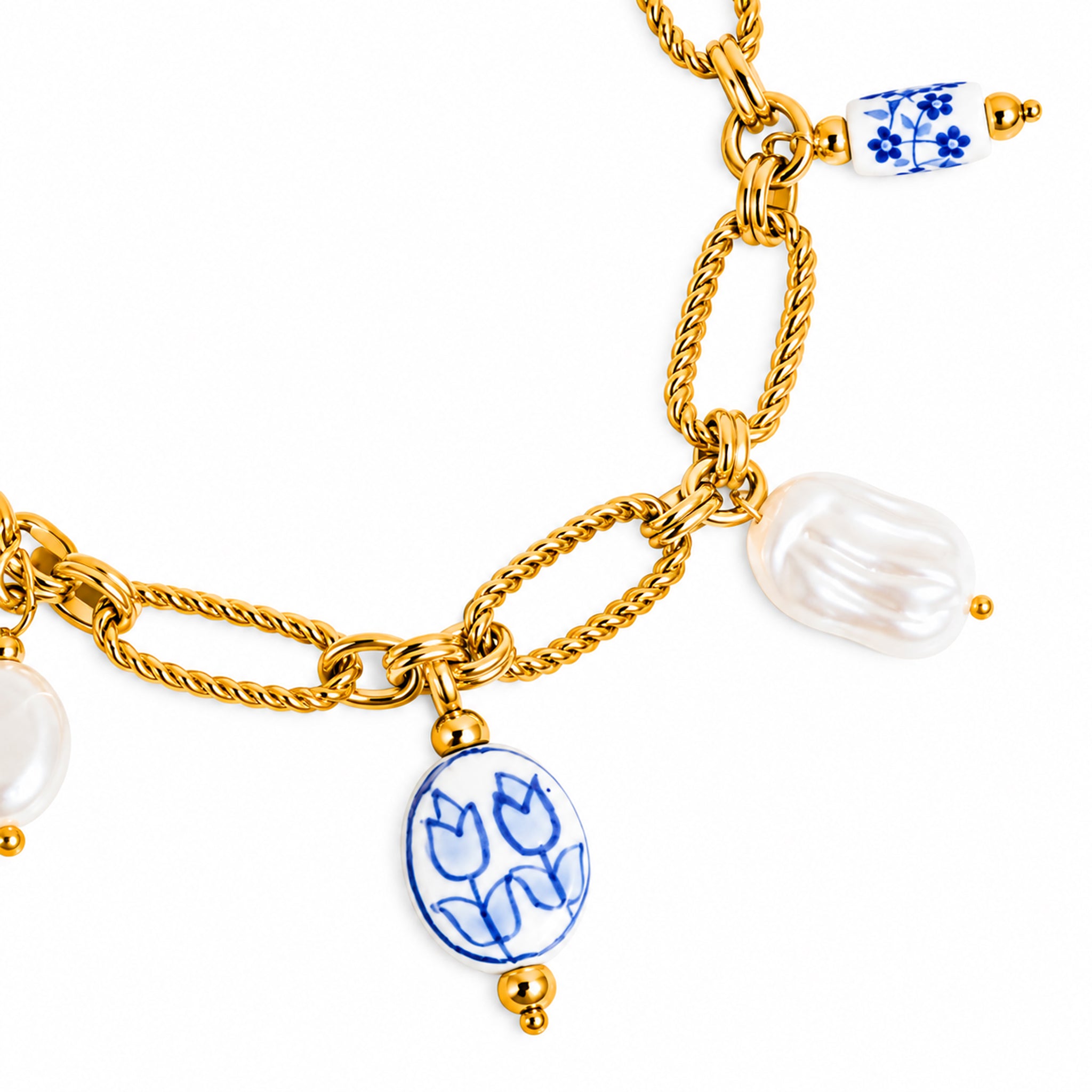 Flanerie Riela Blue Floral Ceramic and Faux Pearl Statement Charm Necklace in Gold Plated