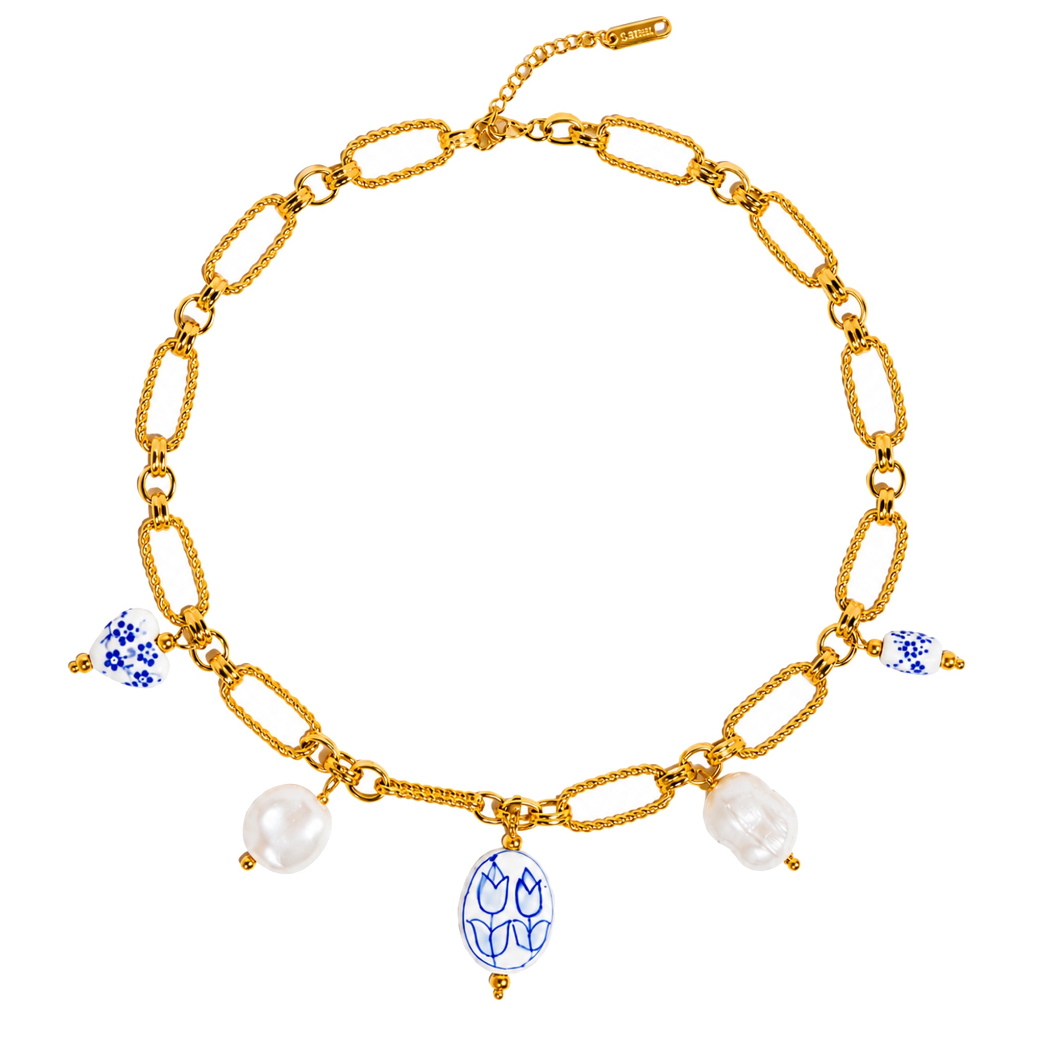 Flanerie Riela Blue Floral Ceramic and Faux Pearl Statement Charm Necklace in Gold Plated